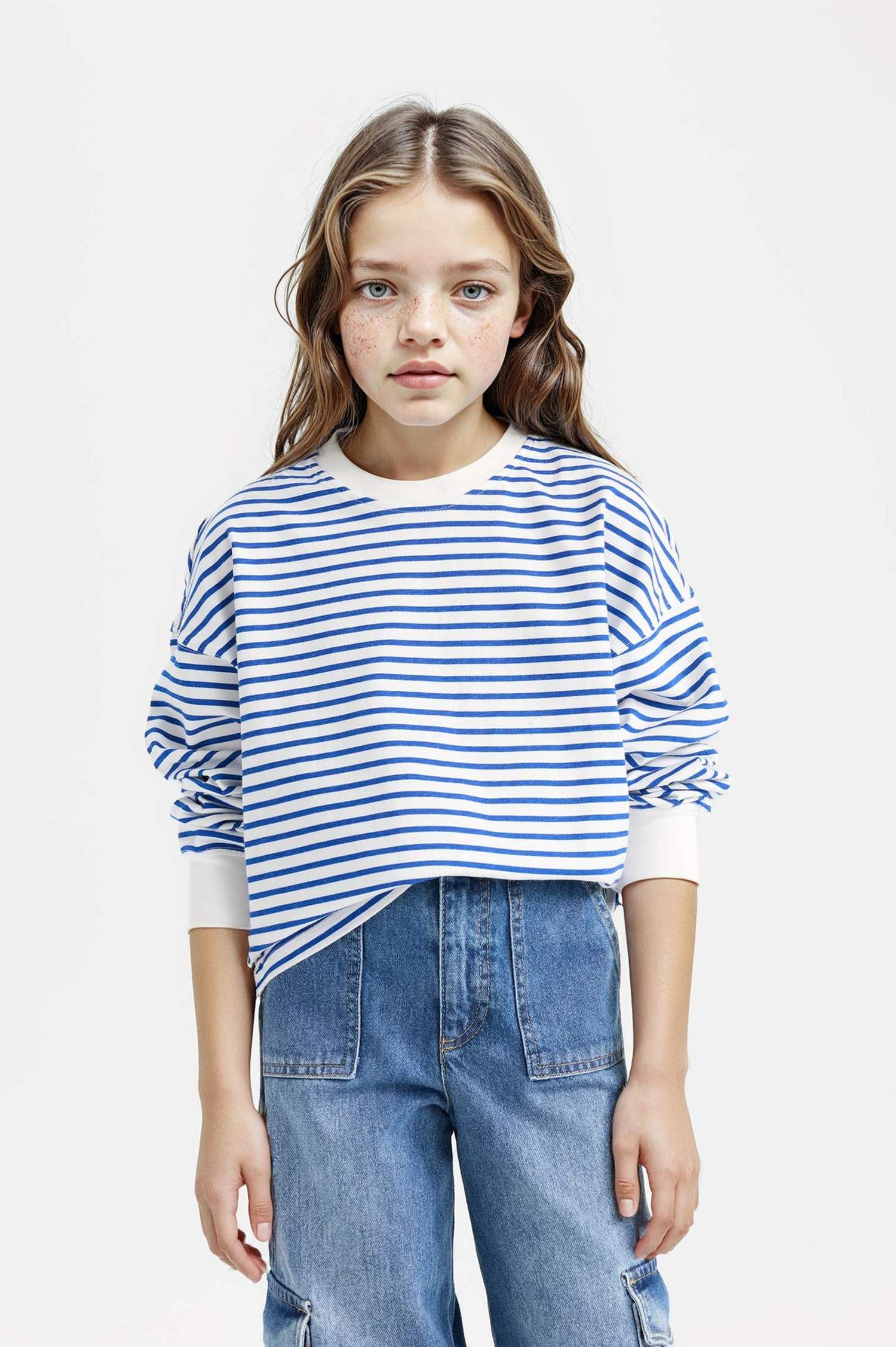 Kız Çocuk Relax Fit Bisiklet Yaka Çizgili Sweatshirt