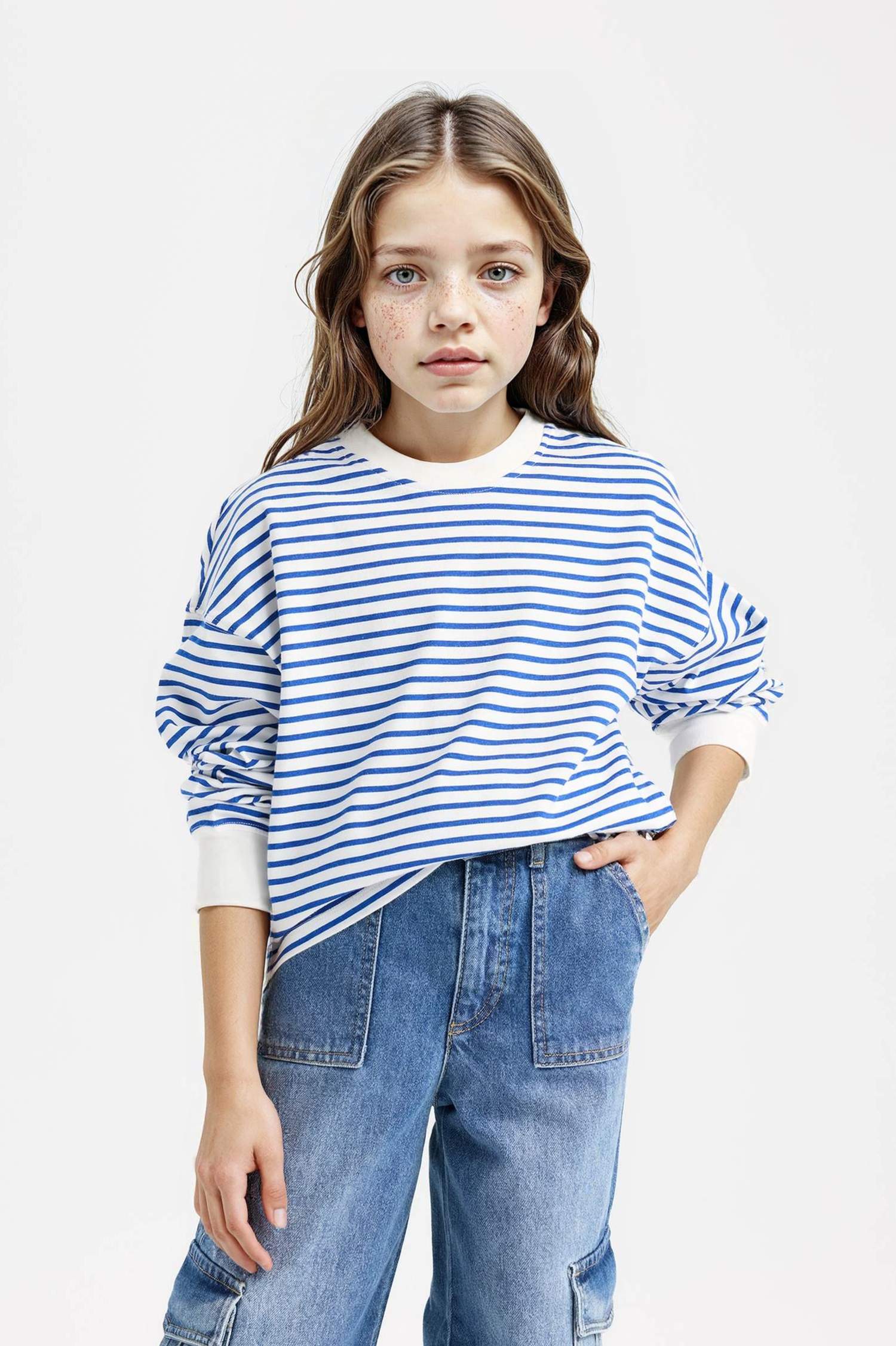 Kız Çocuk Relax Fit Bisiklet Yaka Çizgili Sweatshirt