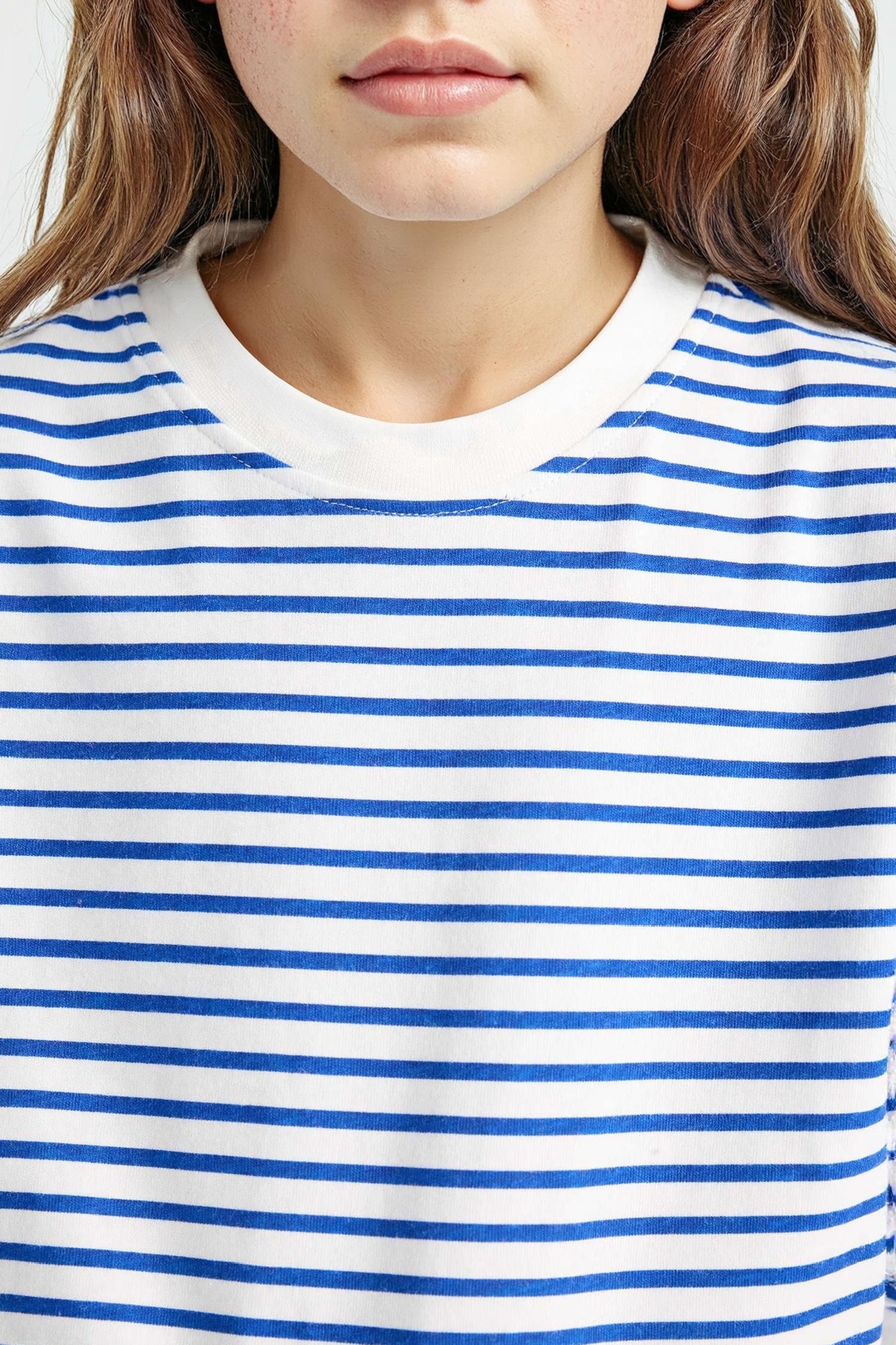 Kız Çocuk Relax Fit Bisiklet Yaka Çizgili Sweatshirt