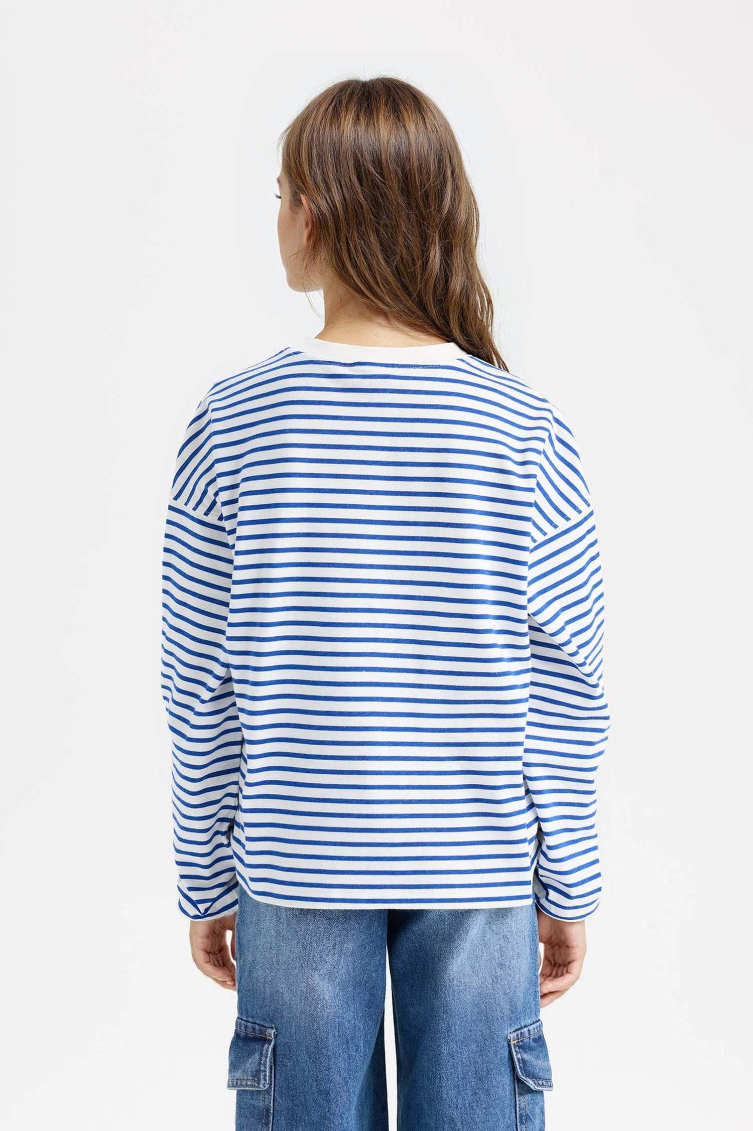 Kız Çocuk Relax Fit Bisiklet Yaka Çizgili Sweatshirt