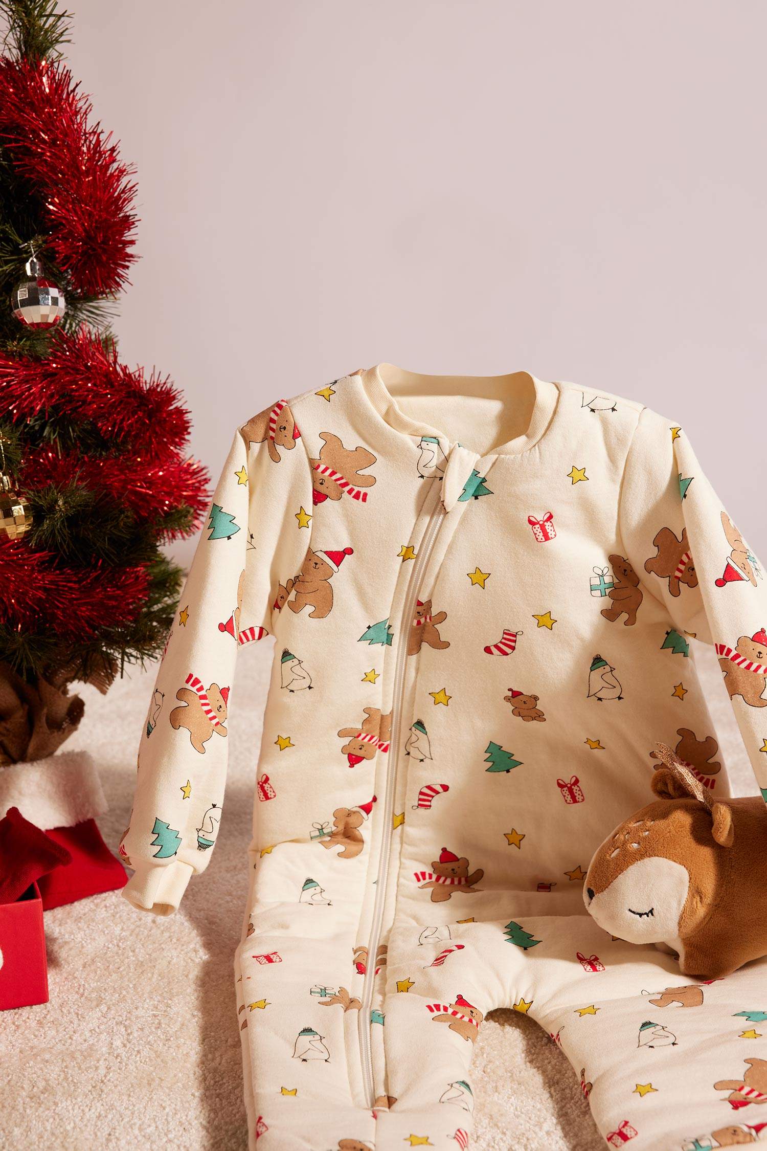 Erkek Bebek Yenidoğan 2,5 Tog Yılbaşı Temalı Fermuarlı Uzun Kollu Penye Uyku Tulumu