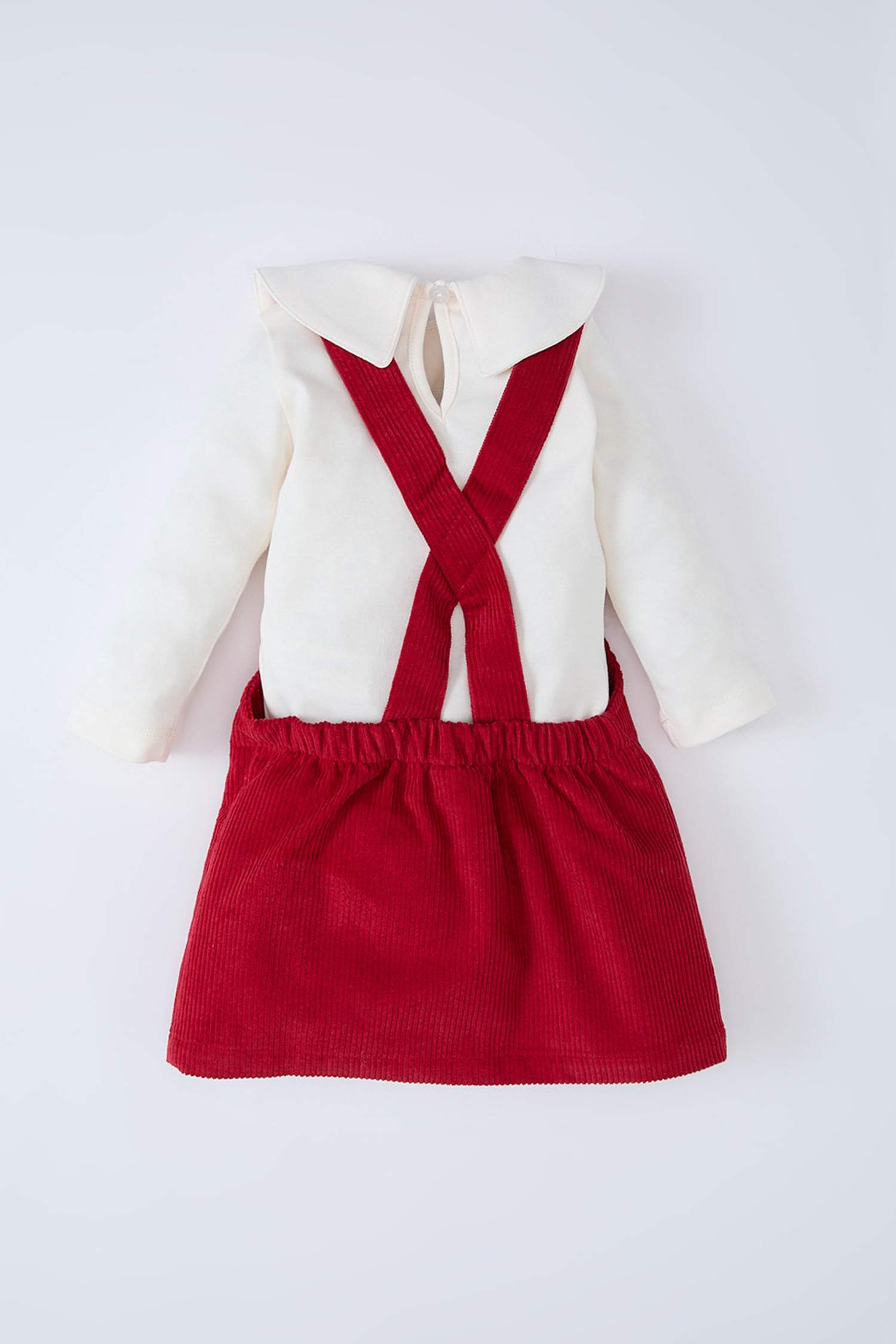 Kız Bebek 2'li Takım Bebe Yaka Uzun Kollu Üst Fitilli Kadife Salopet Elbise