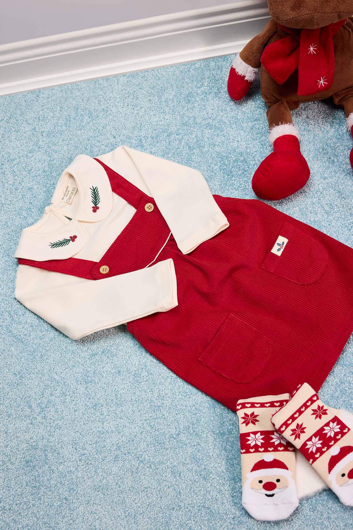 Kız Bebek 2'li Takım Bebe Yaka Uzun Kollu Üst Fitilli Kadife Salopet Elbise