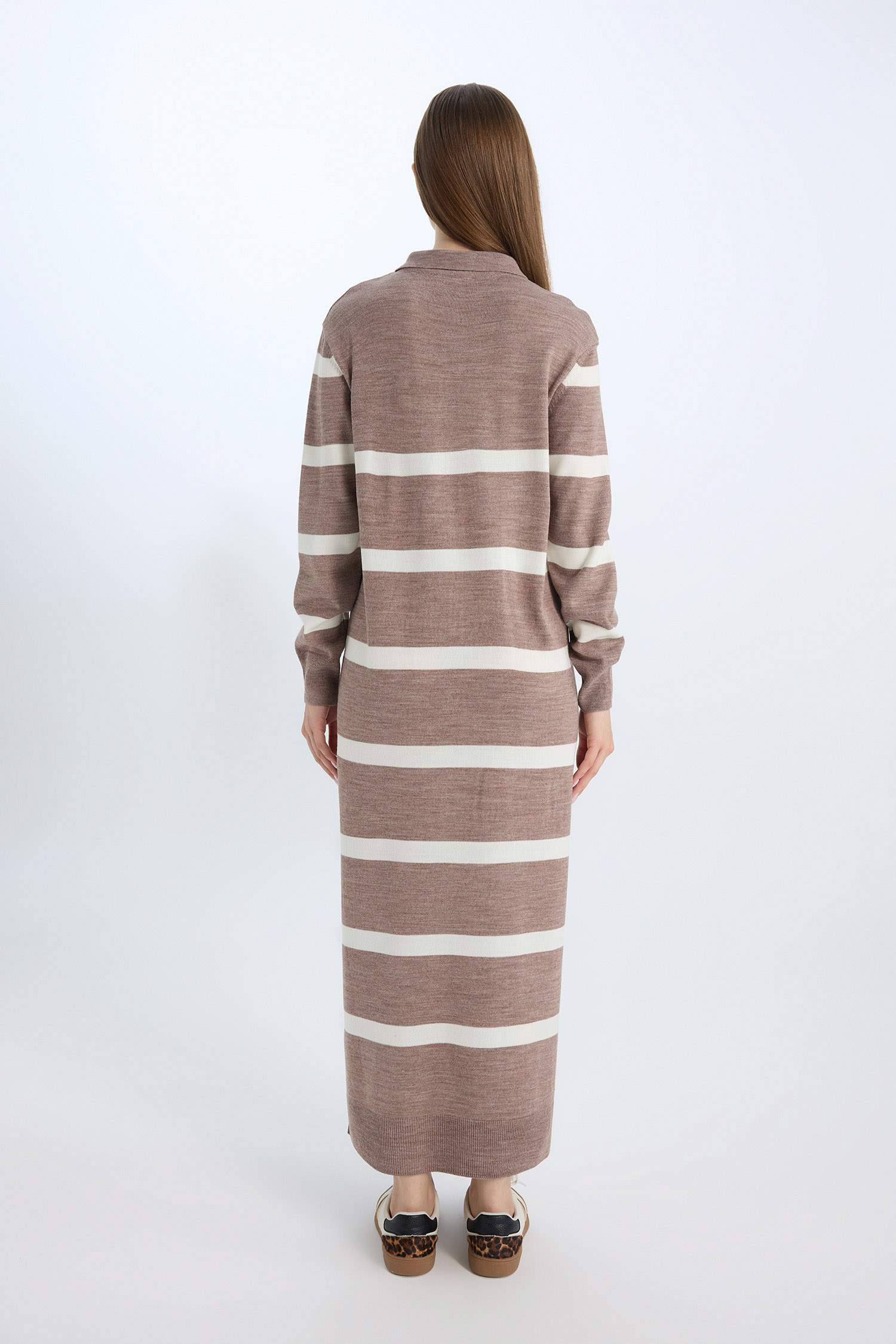 Regular Fit Polo Yaka Düğmeli Çizgili Uzun Kollu Maxi Triko Elbise