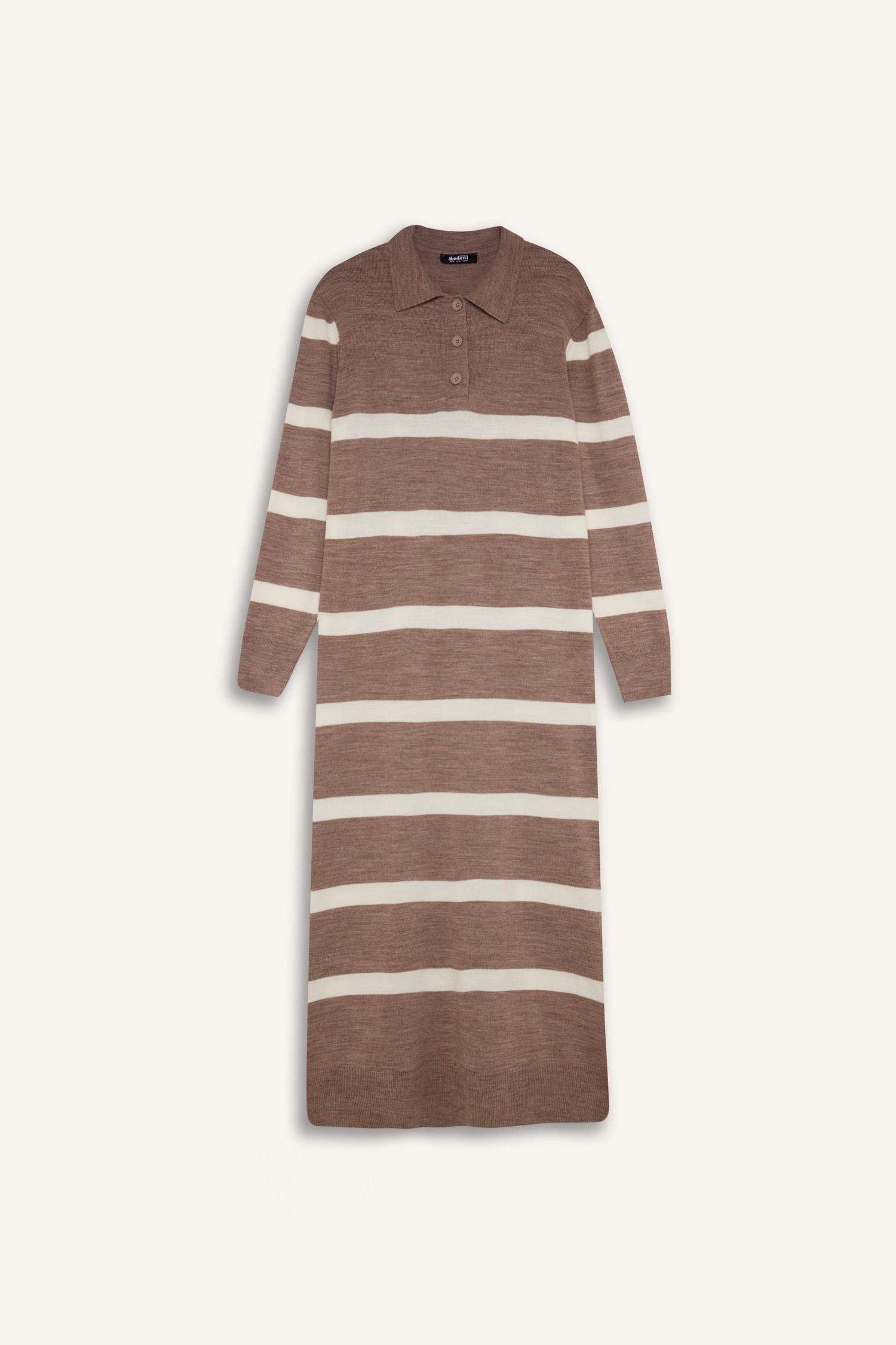 Regular Fit Polo Yaka Düğmeli Çizgili Uzun Kollu Maxi Triko Elbise