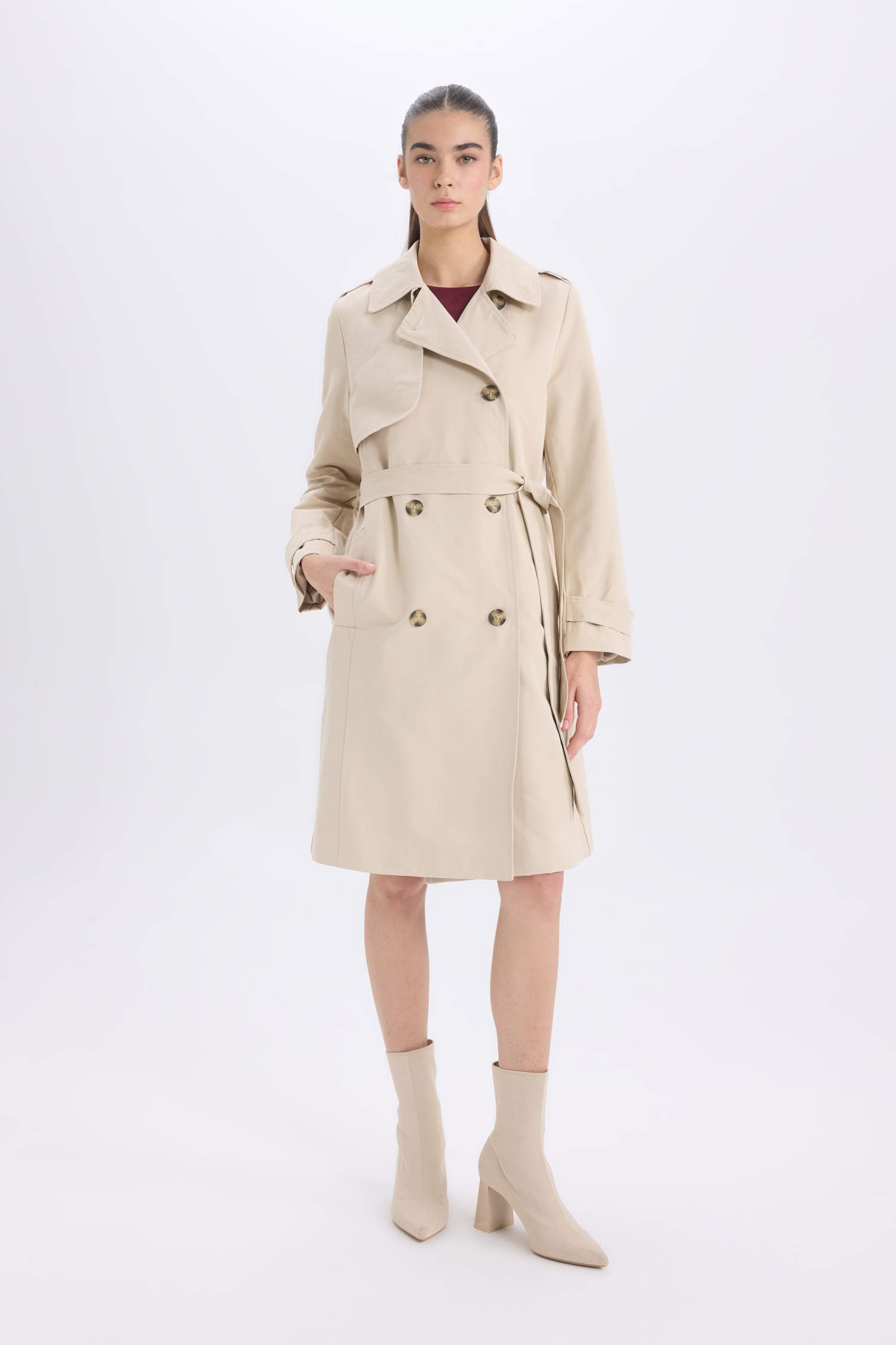 Regular Fit Smokin Yaka Kemerli Cepli Uzun Trençkot