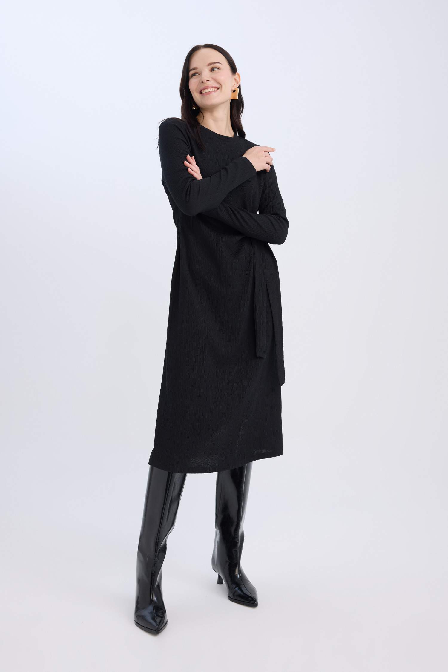 Bisiklet Yaka Basic Düz Beli Bağlamalı Bürümcük Uzun Kollu Maxi Siyah Elbise