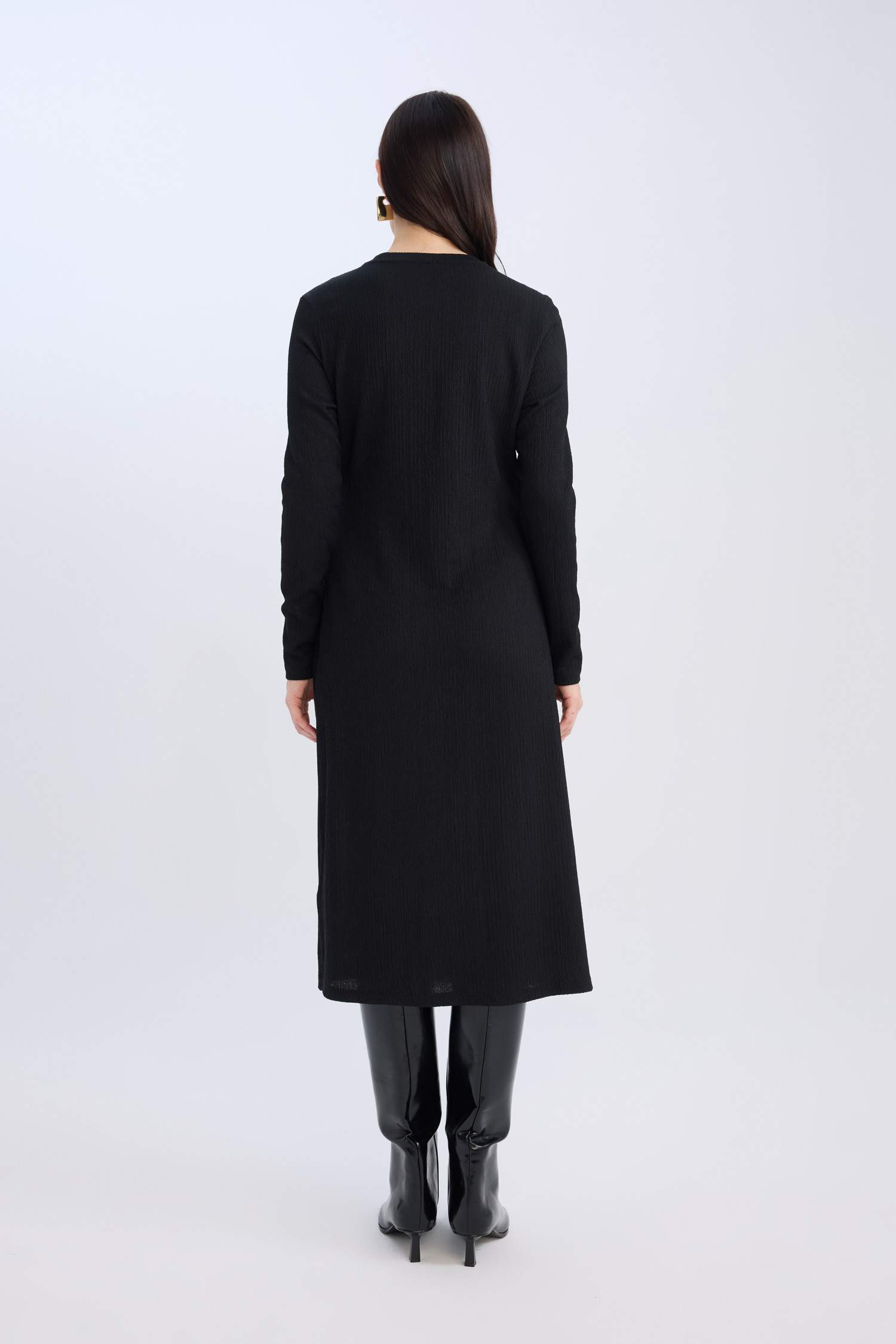 Bisiklet Yaka Basic Düz Beli Bağlamalı Bürümcük Uzun Kollu Maxi Siyah Elbise