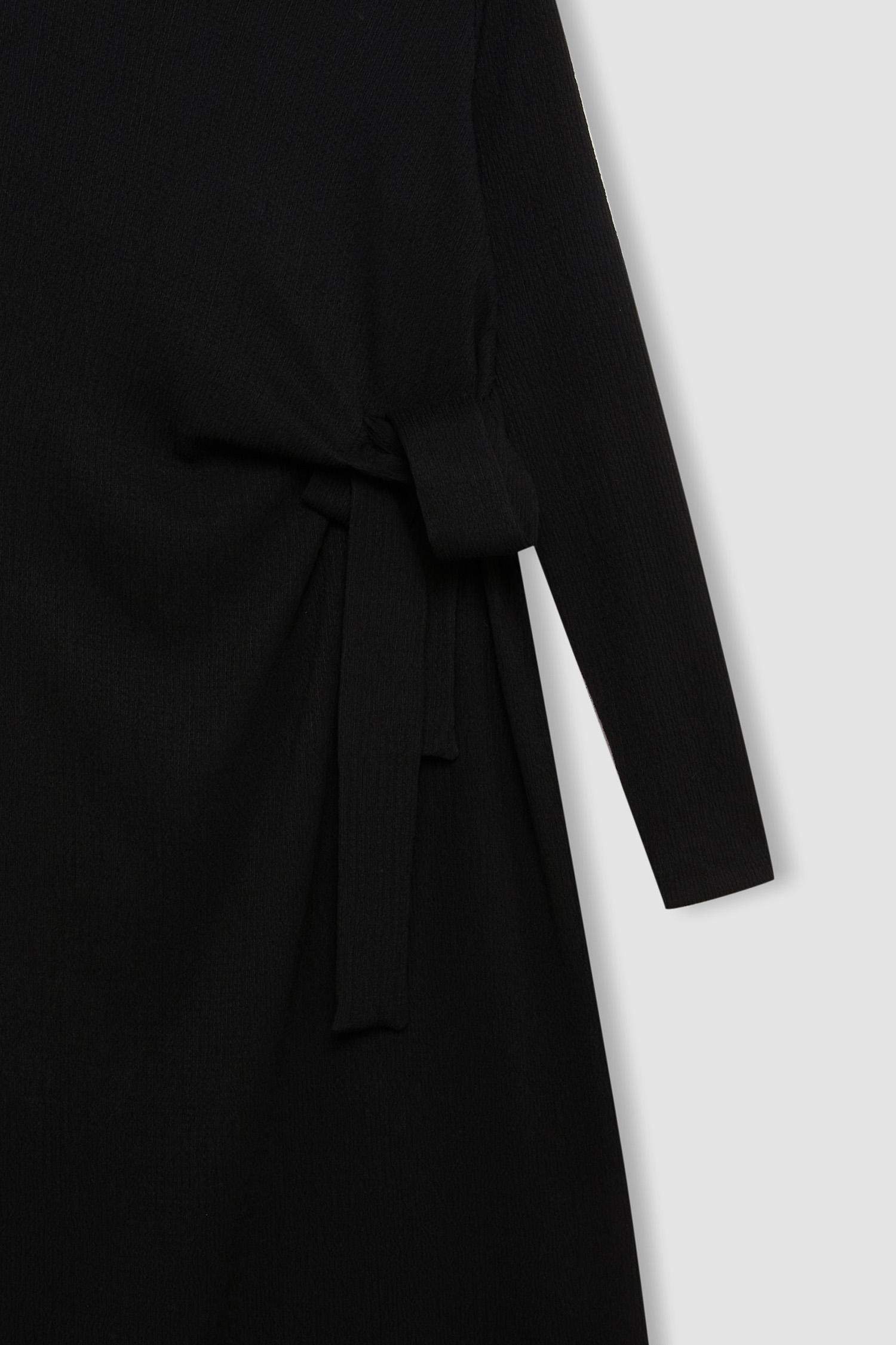 Bisiklet Yaka Basic Düz Beli Bağlamalı Bürümcük Uzun Kollu Maxi Siyah Elbise