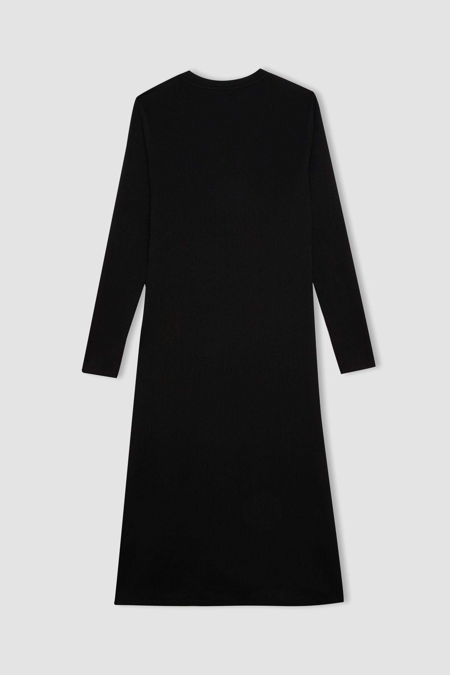 Bisiklet Yaka Basic Düz Beli Bağlamalı Bürümcük Uzun Kollu Maxi Siyah Elbise