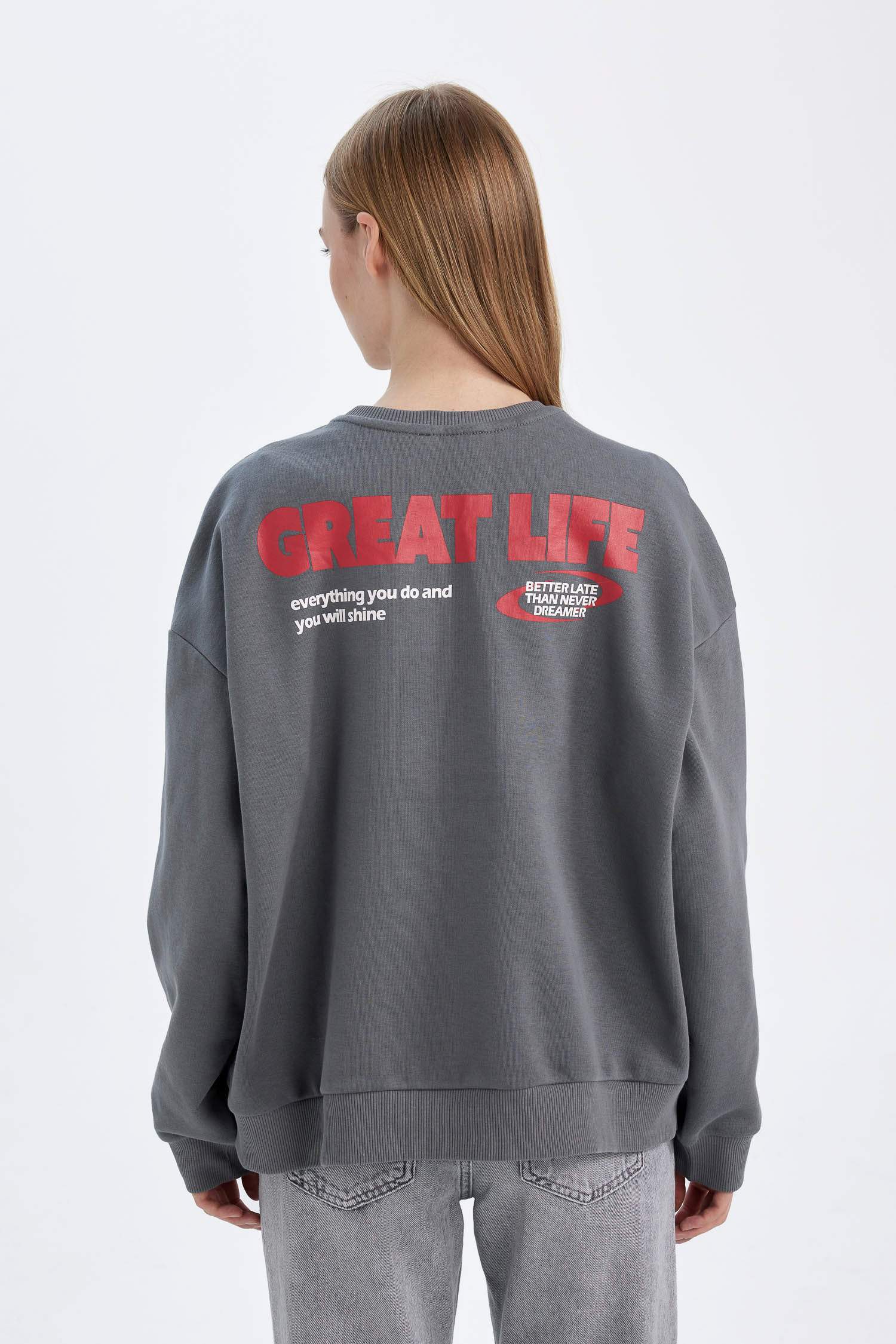 Loose Fit Bisiklet Yaka Sırt Baskılı Kalın Sweatshirt