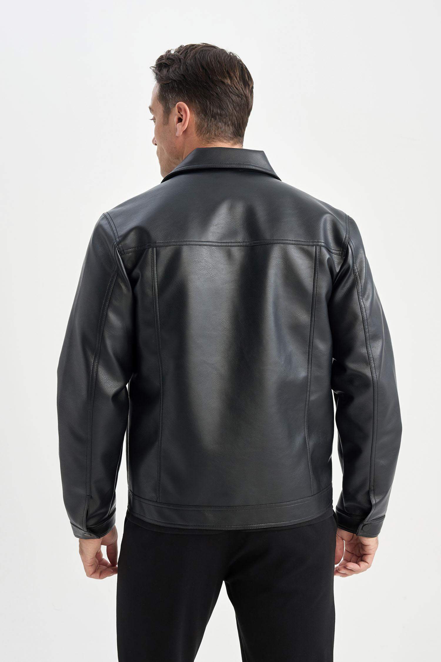 جاكيت جلد صناعي سليم فيت بياخة قميص مقاوم للماء