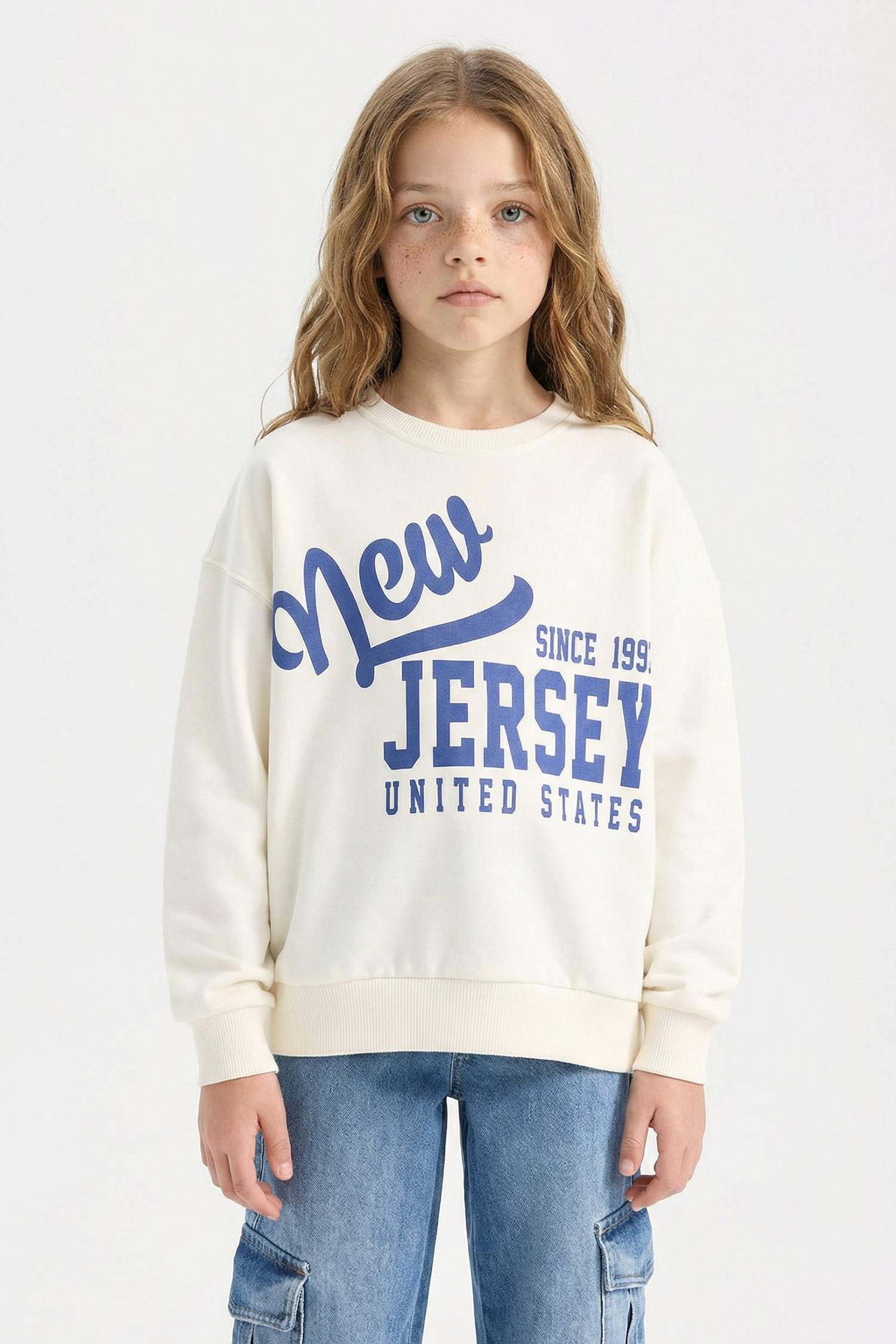 Relax Fit Bisiklet Yaka Baskılı Sweatshirt Kız Çocuk