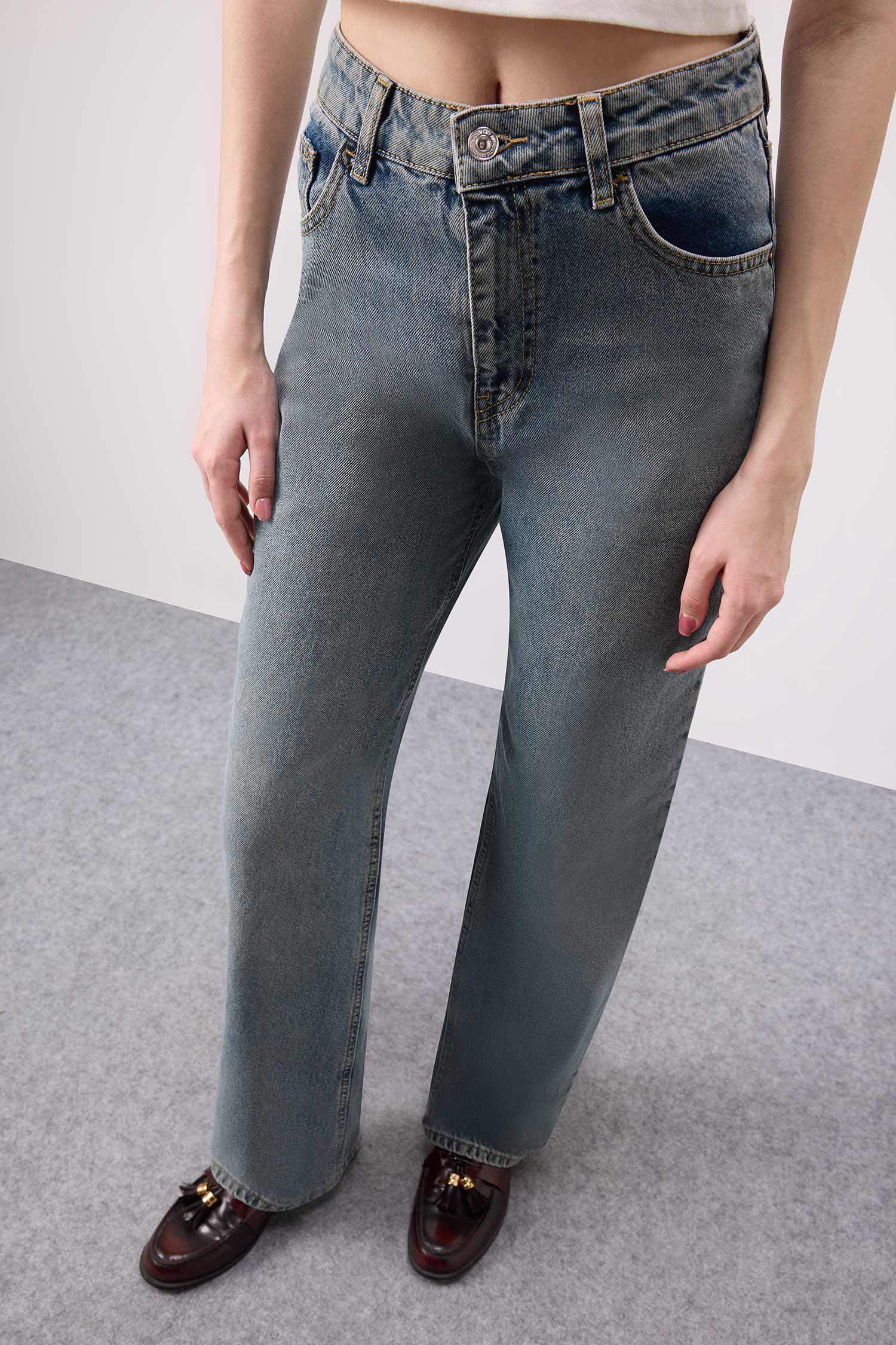 90's Wide Leg Yüksek Bel Uzun Jean Yıkamalı Pantolon