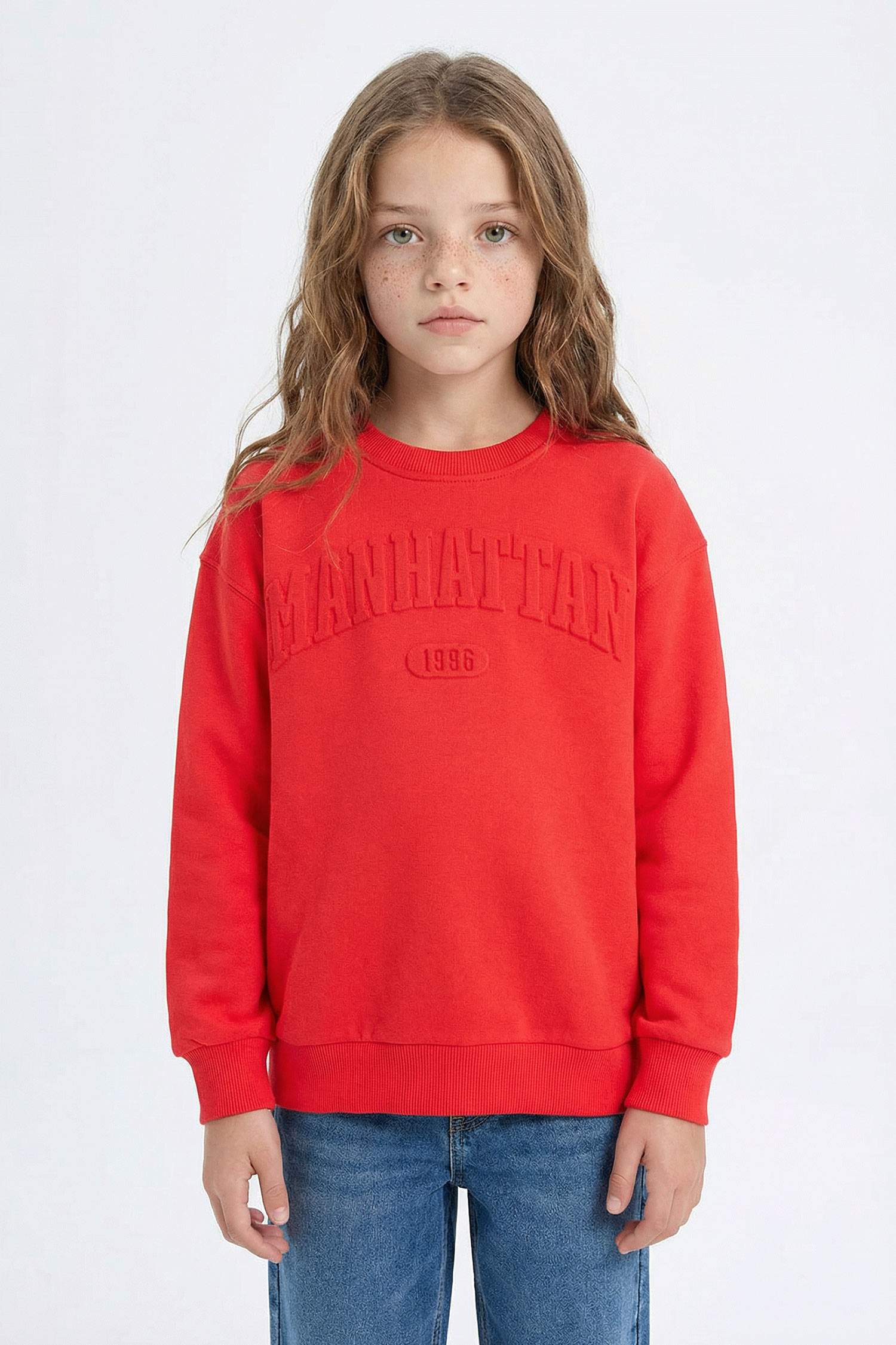 Kız Çocuk Kırmızı Bisiklet Yaka Baskılı Sweatshirt