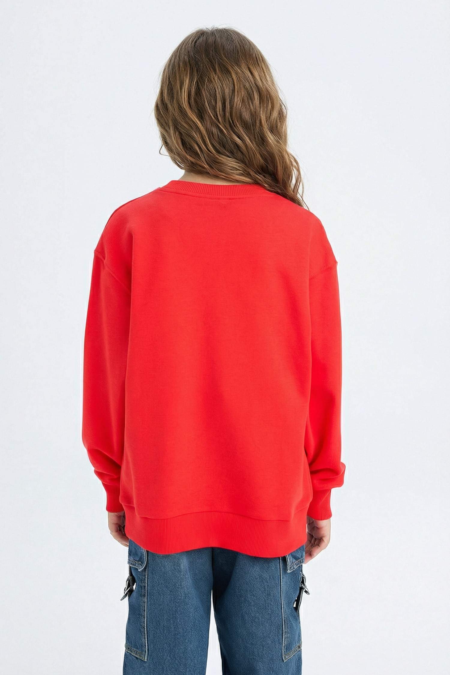 Kız Çocuk Kırmızı Bisiklet Yaka Baskılı Sweatshirt