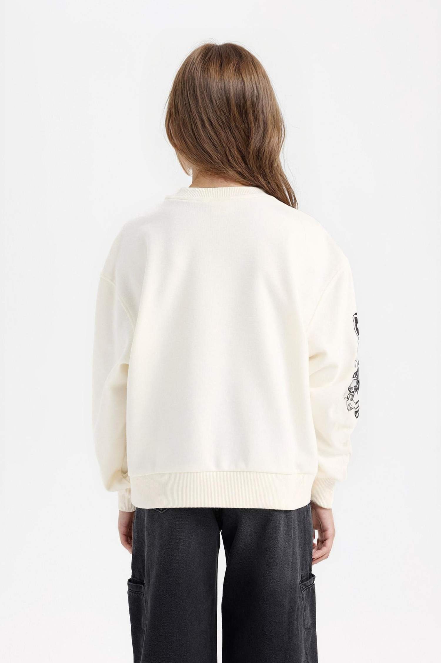 Kız Çocuk Oversize Geniş Kalıp Bisiklet Yaka Baskılı Sweatshirt