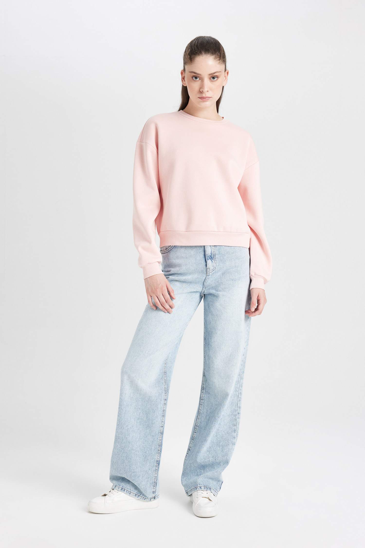 Regular Fit Bisiklet Yaka Kalın Basic Düz Sweatshirt