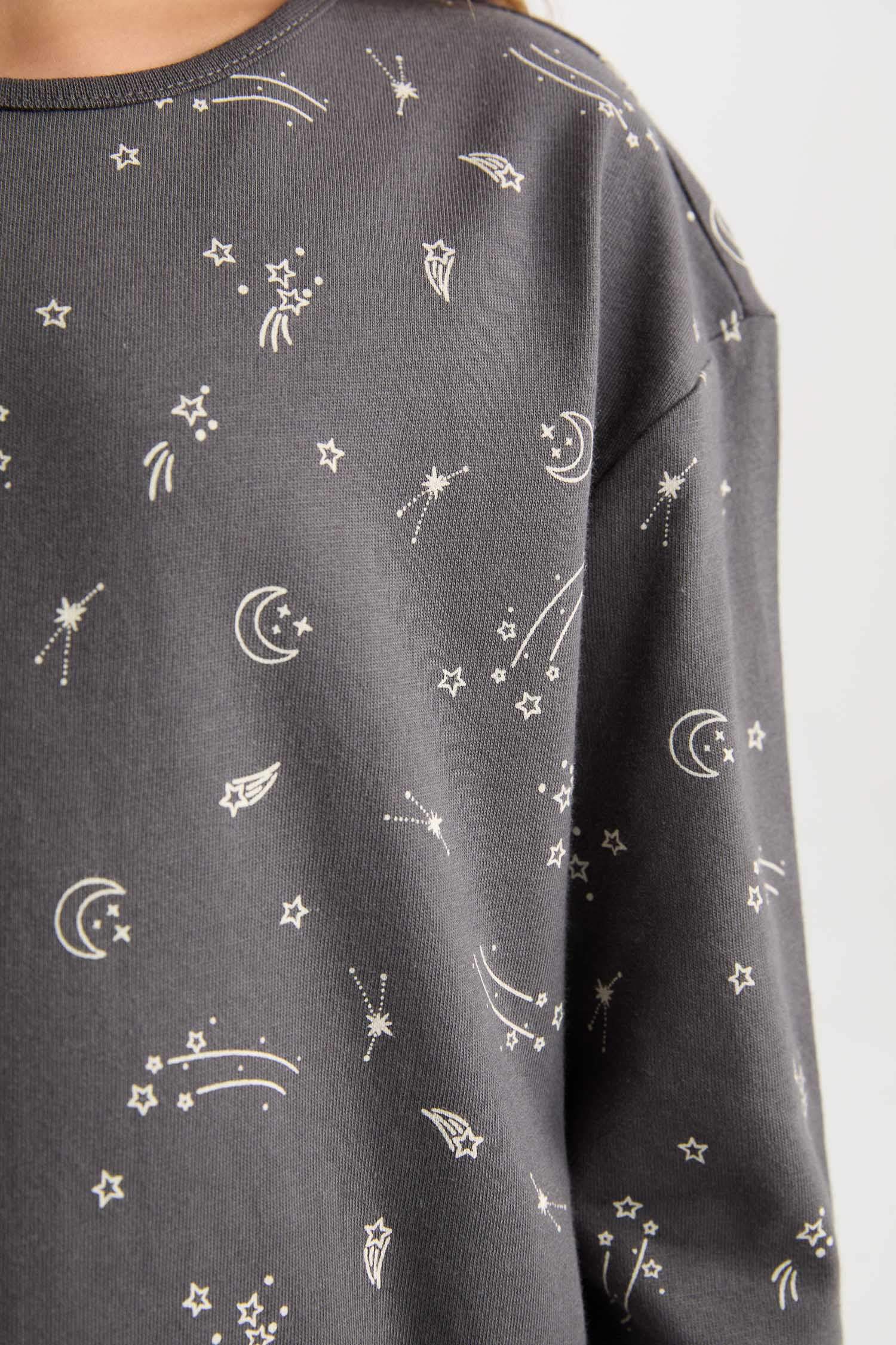 Kız Çocuk Pijama Takımı Desenli Uzun Kollu Üst Beli Lastikli Uzun Alt