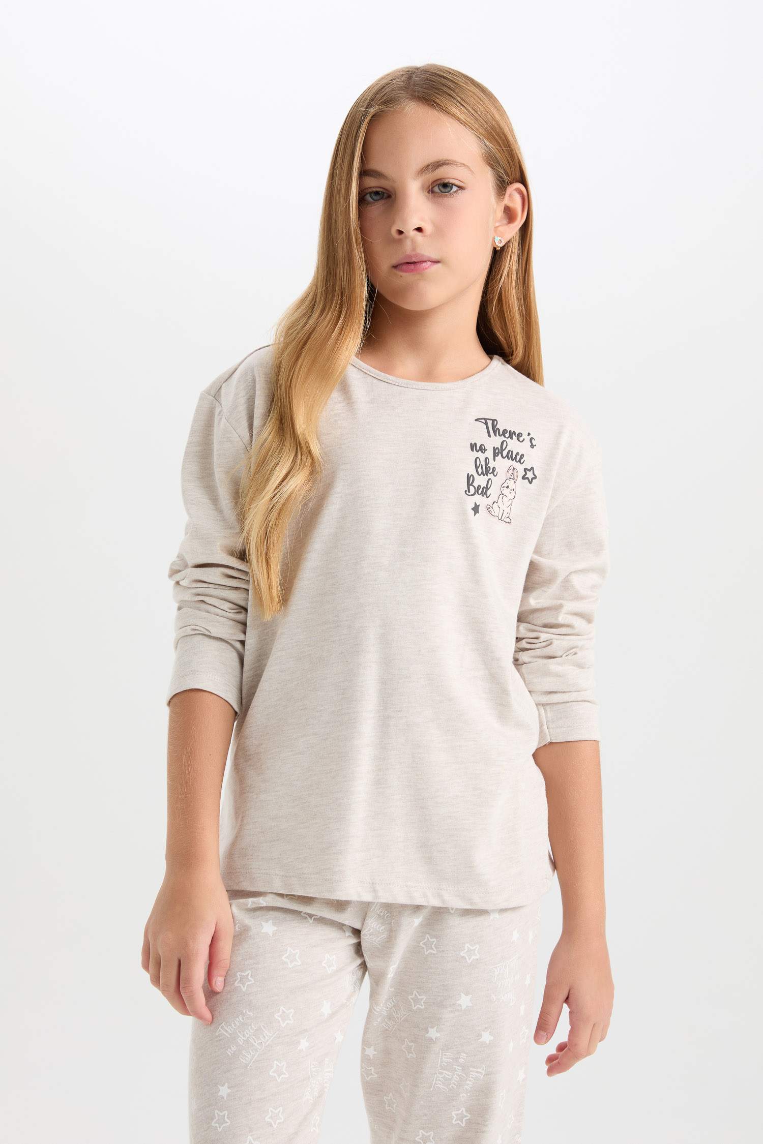 Kız Çocuk Pijama Takımı Baskılı Uzun Kollu Üst Beli Lastikli Uzun Alt