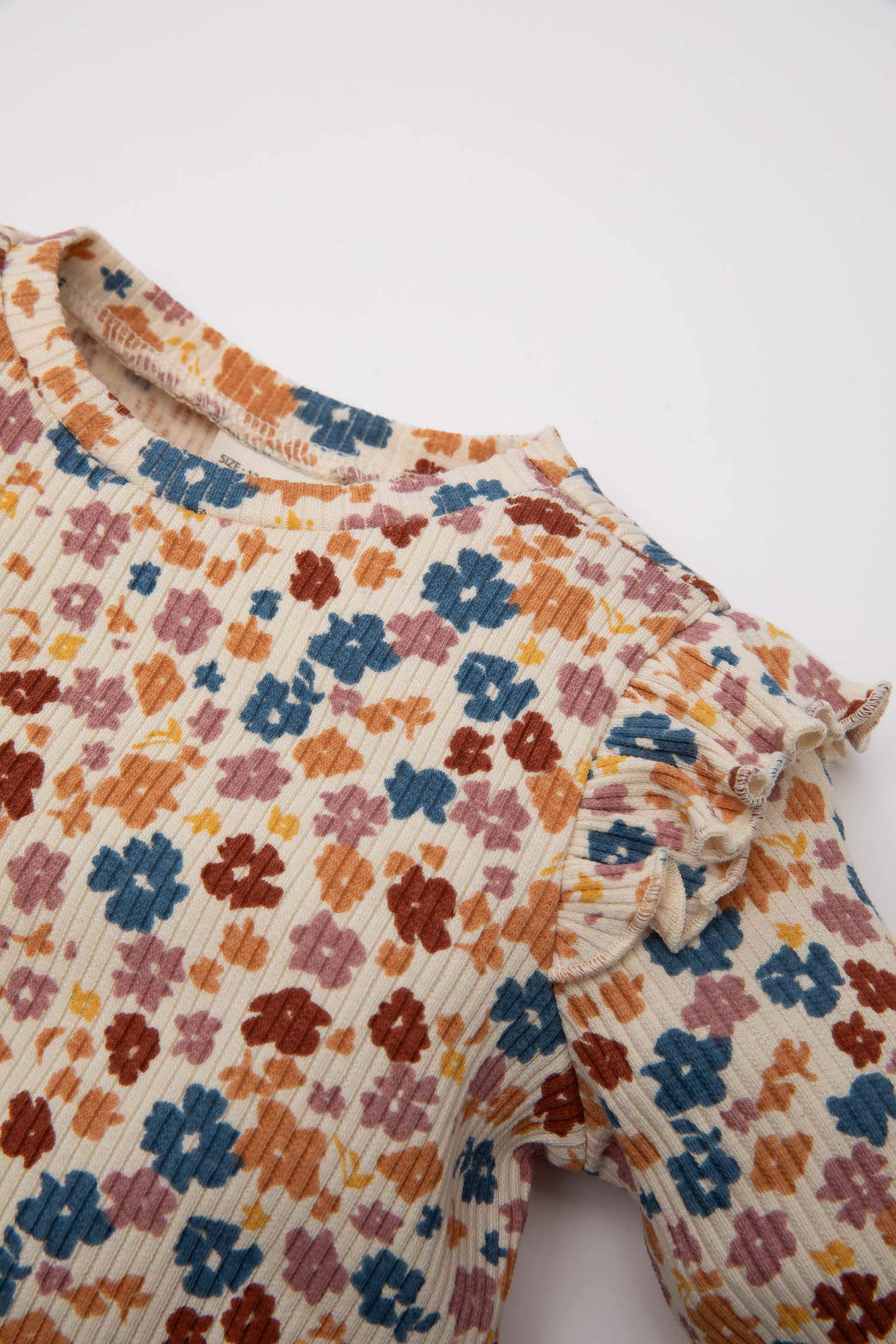 Kız Bebek Bisiklet Yaka Çiçekli Fitilli Kaşkorse Uzun Kollu Tişört