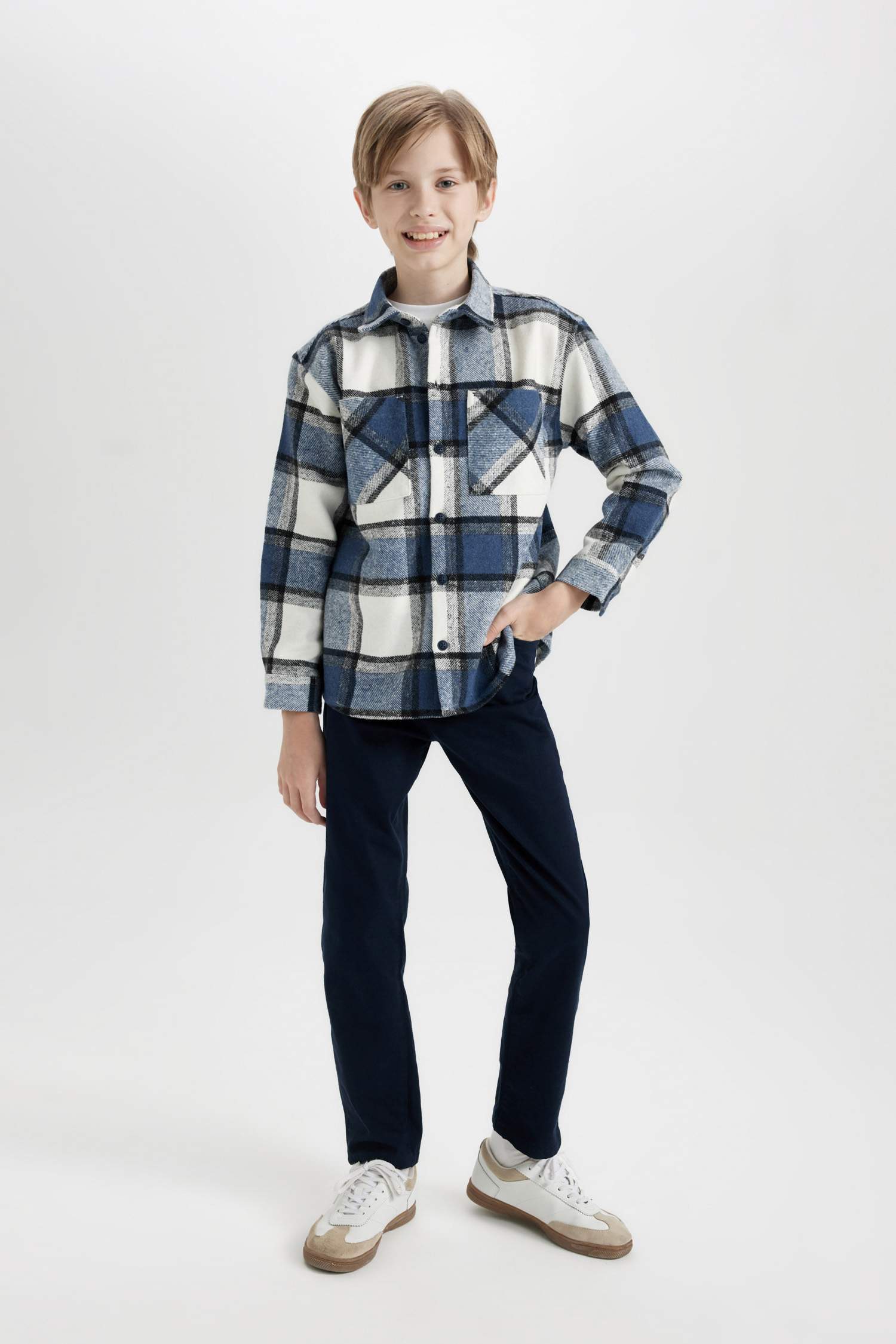 Erkek Çocuk Oversize Geniş Kalıp Polo Yaka Flanel Uzun Kollu Gömlek