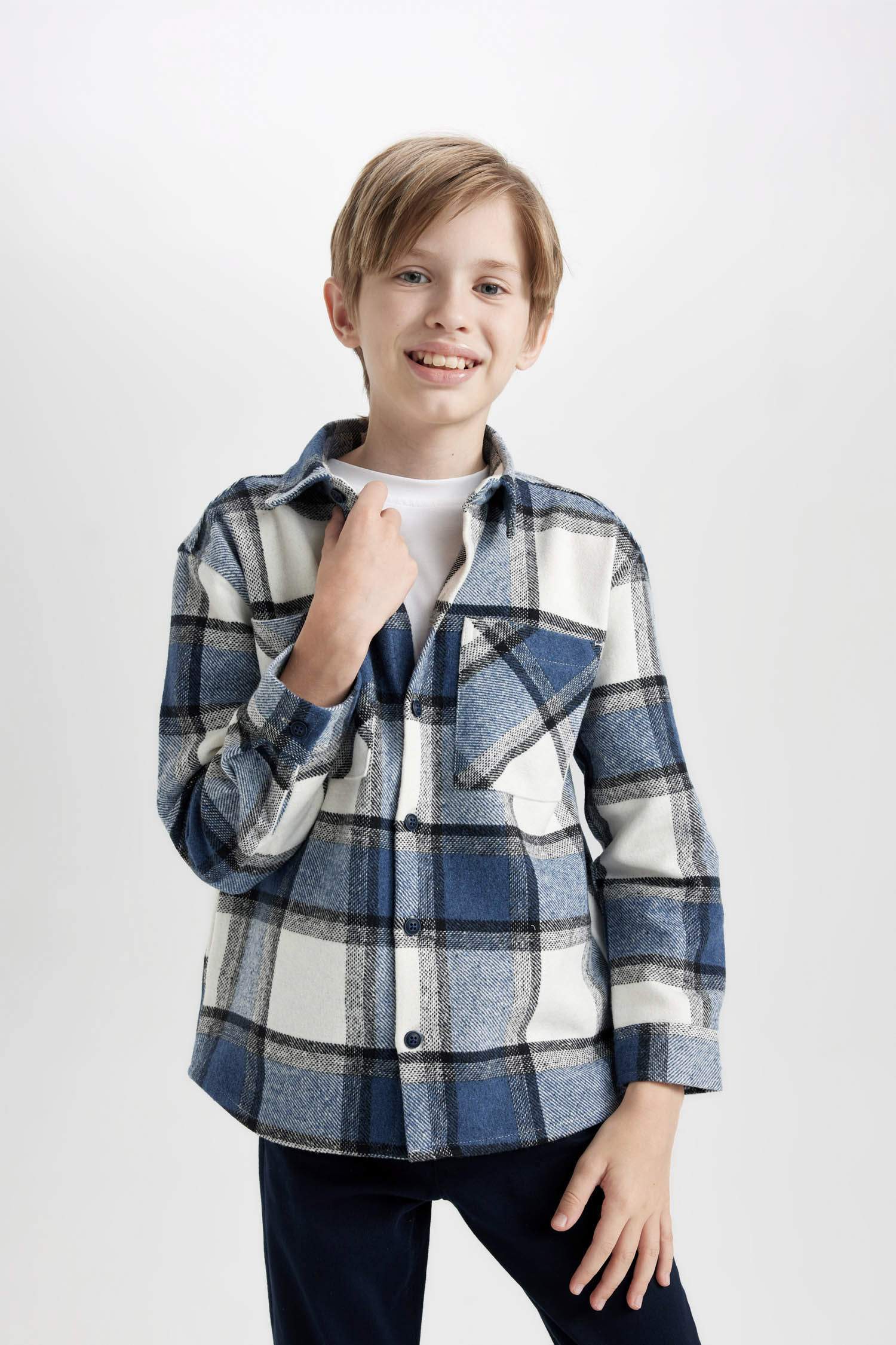 Erkek Çocuk Oversize Geniş Kalıp Polo Yaka Flanel Uzun Kollu Gömlek