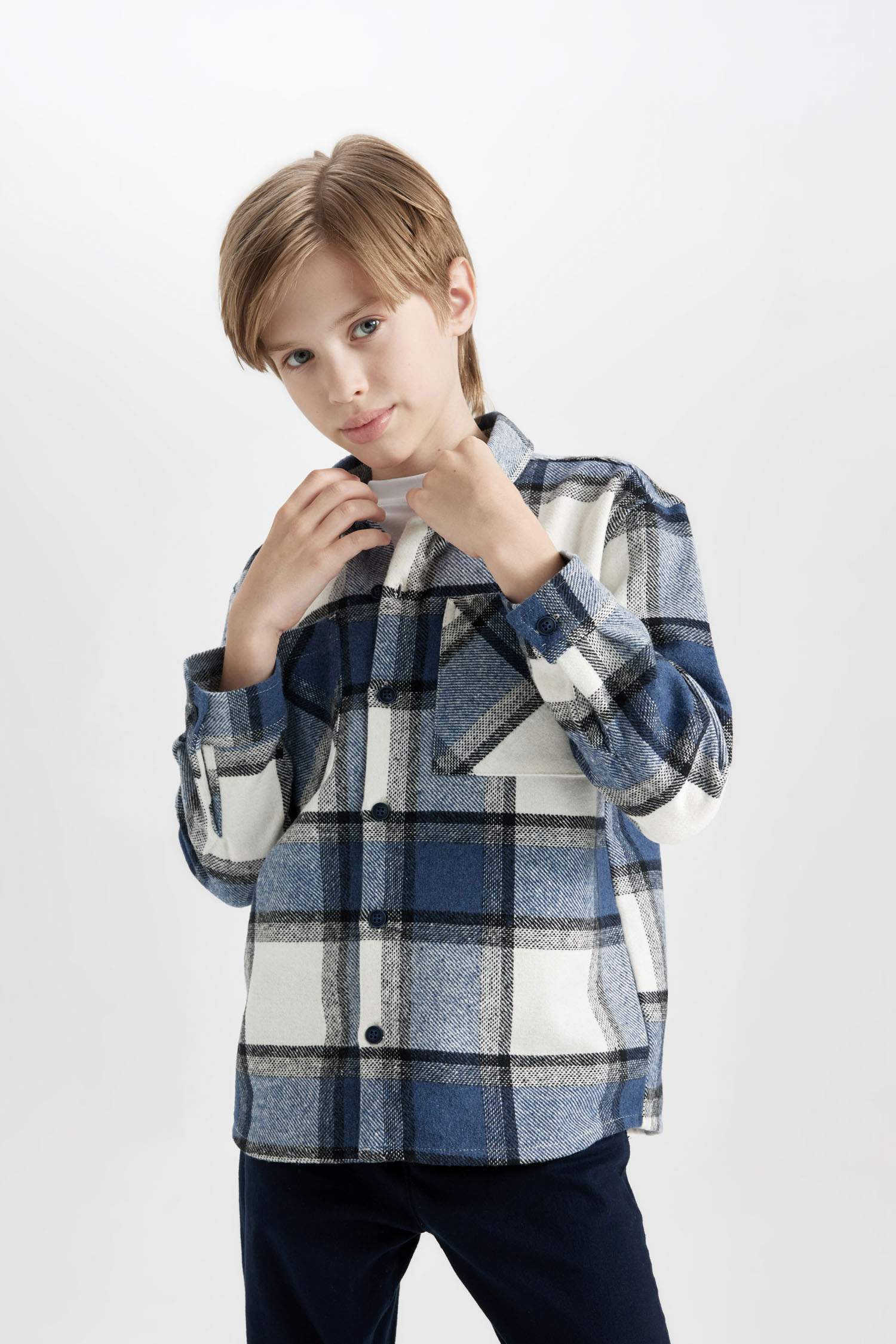 Erkek Çocuk Oversize Geniş Kalıp Polo Yaka Flanel Uzun Kollu Gömlek