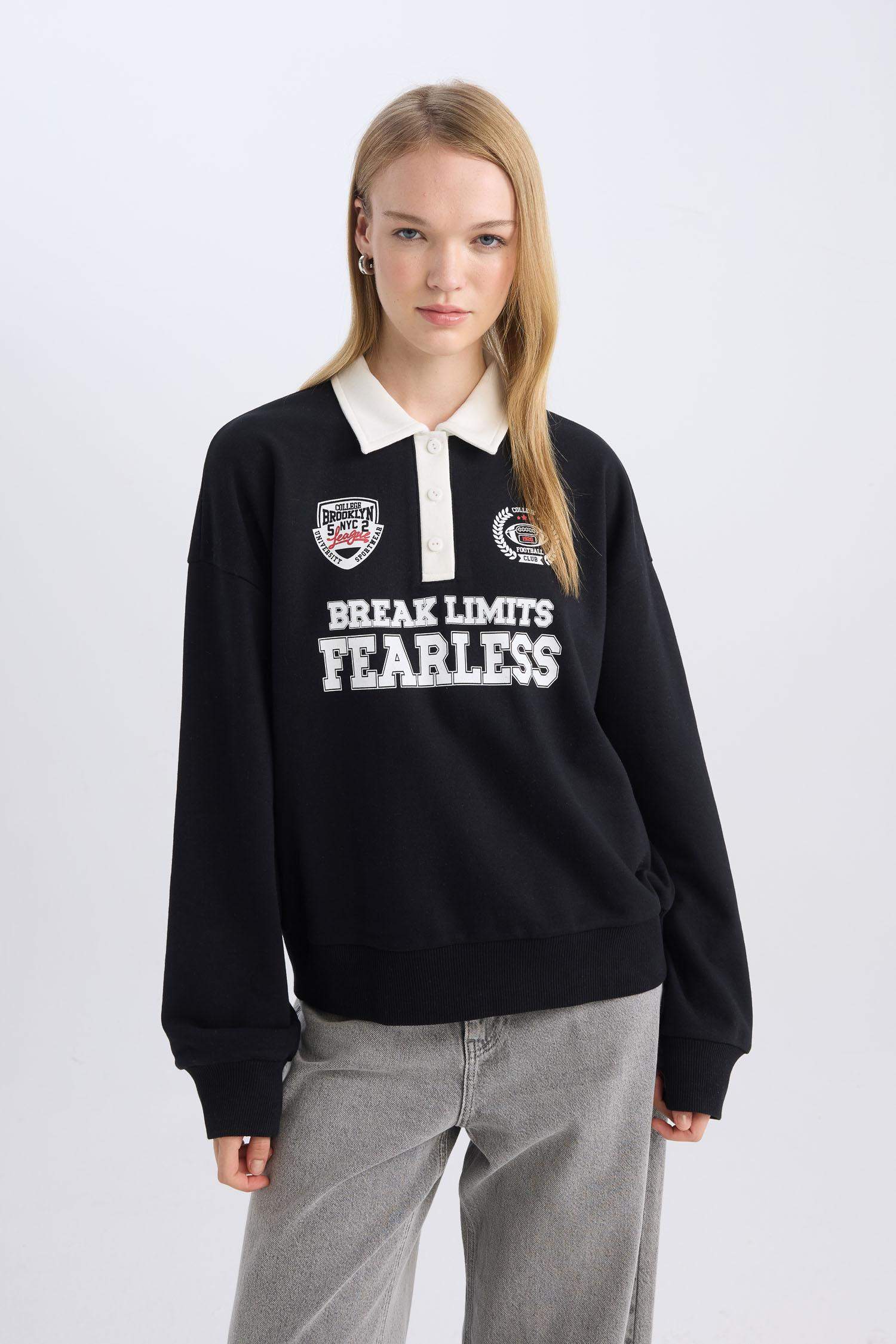 Coool Oversize Geniş Kalıp Polo Yaka Düğmeli Baskılı Siyah Sweatshirt