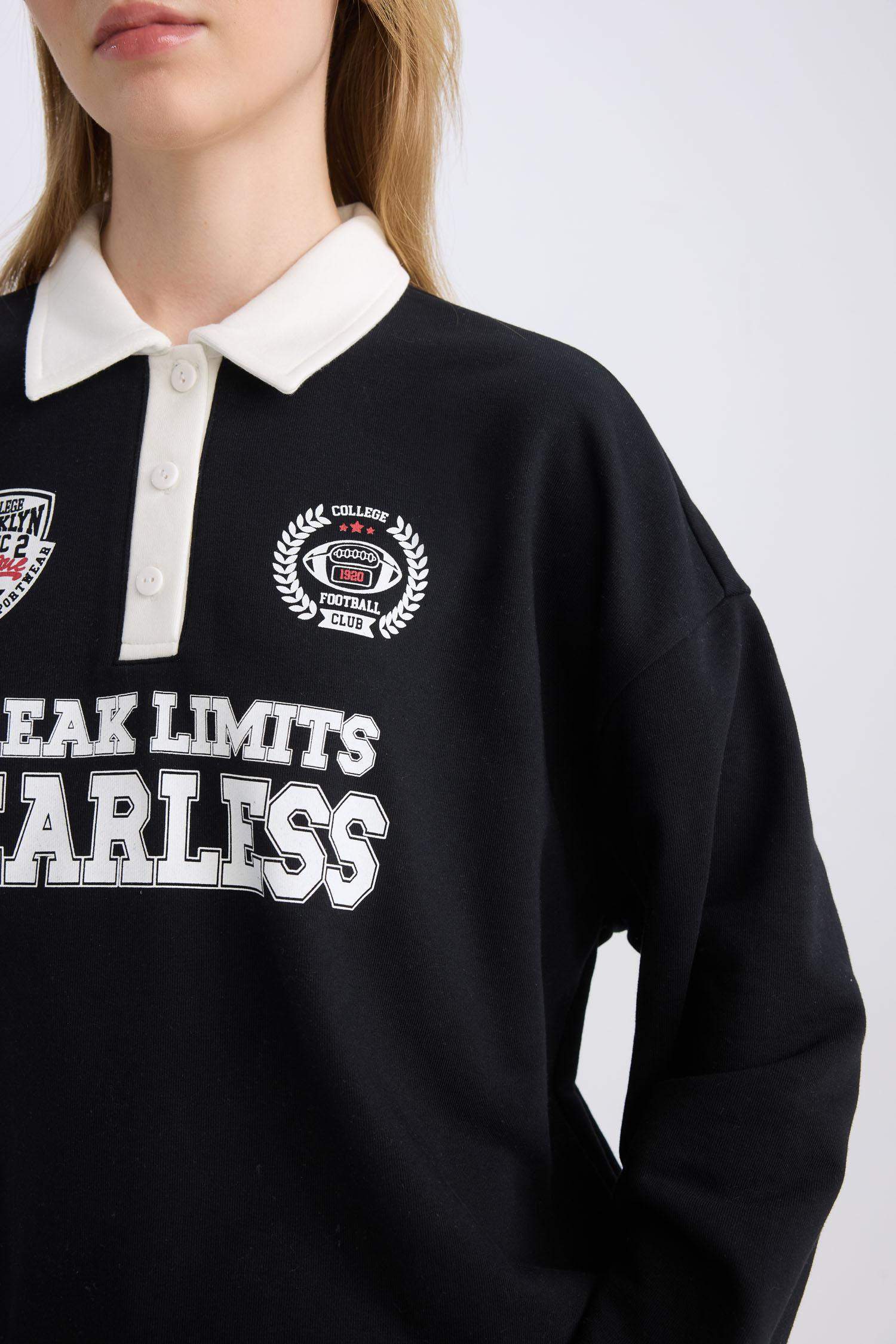 Coool Oversize Geniş Kalıp Polo Yaka Düğmeli Baskılı Siyah Sweatshirt