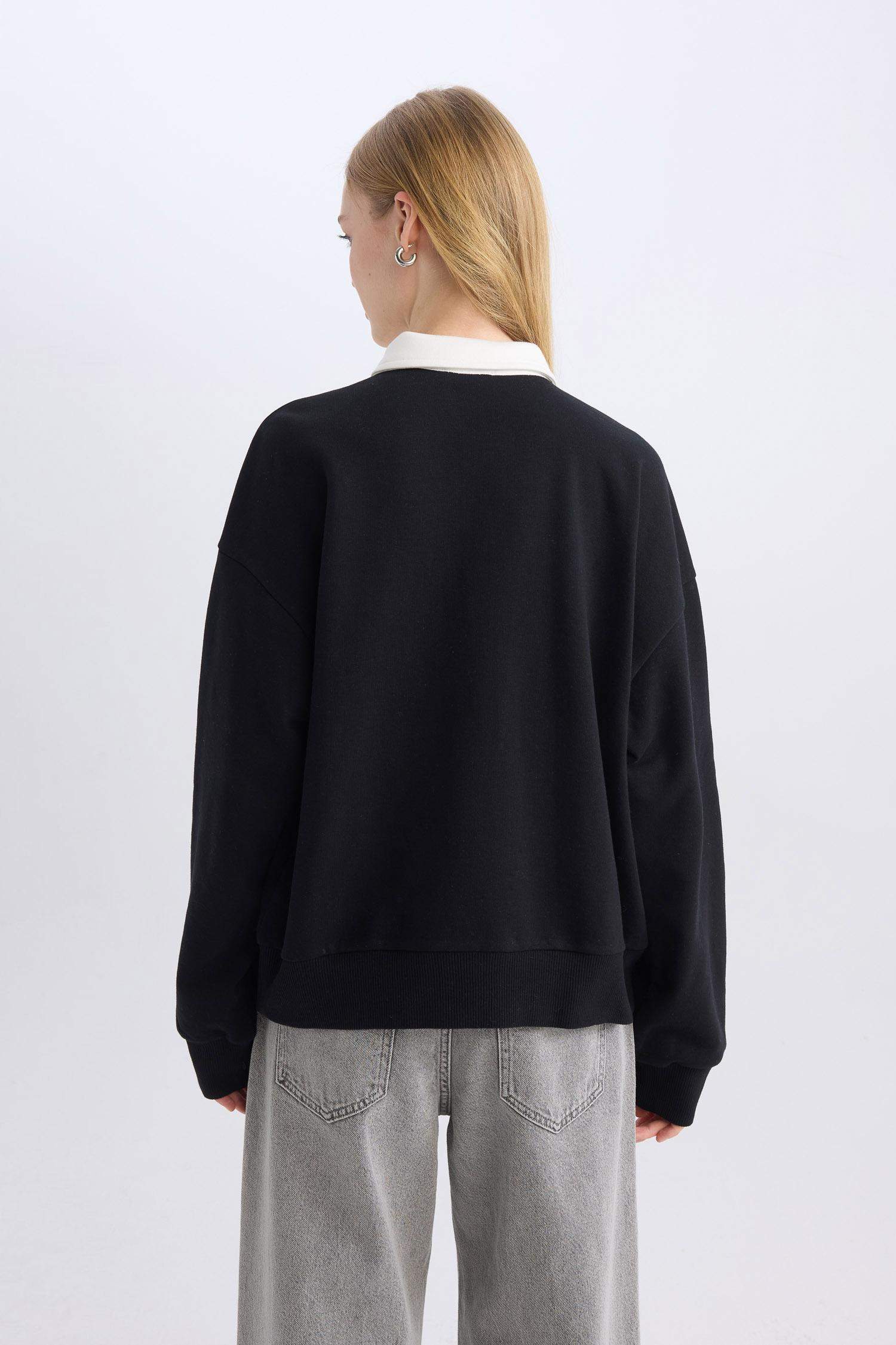 Coool Oversize Geniş Kalıp Polo Yaka Düğmeli Baskılı Siyah Sweatshirt