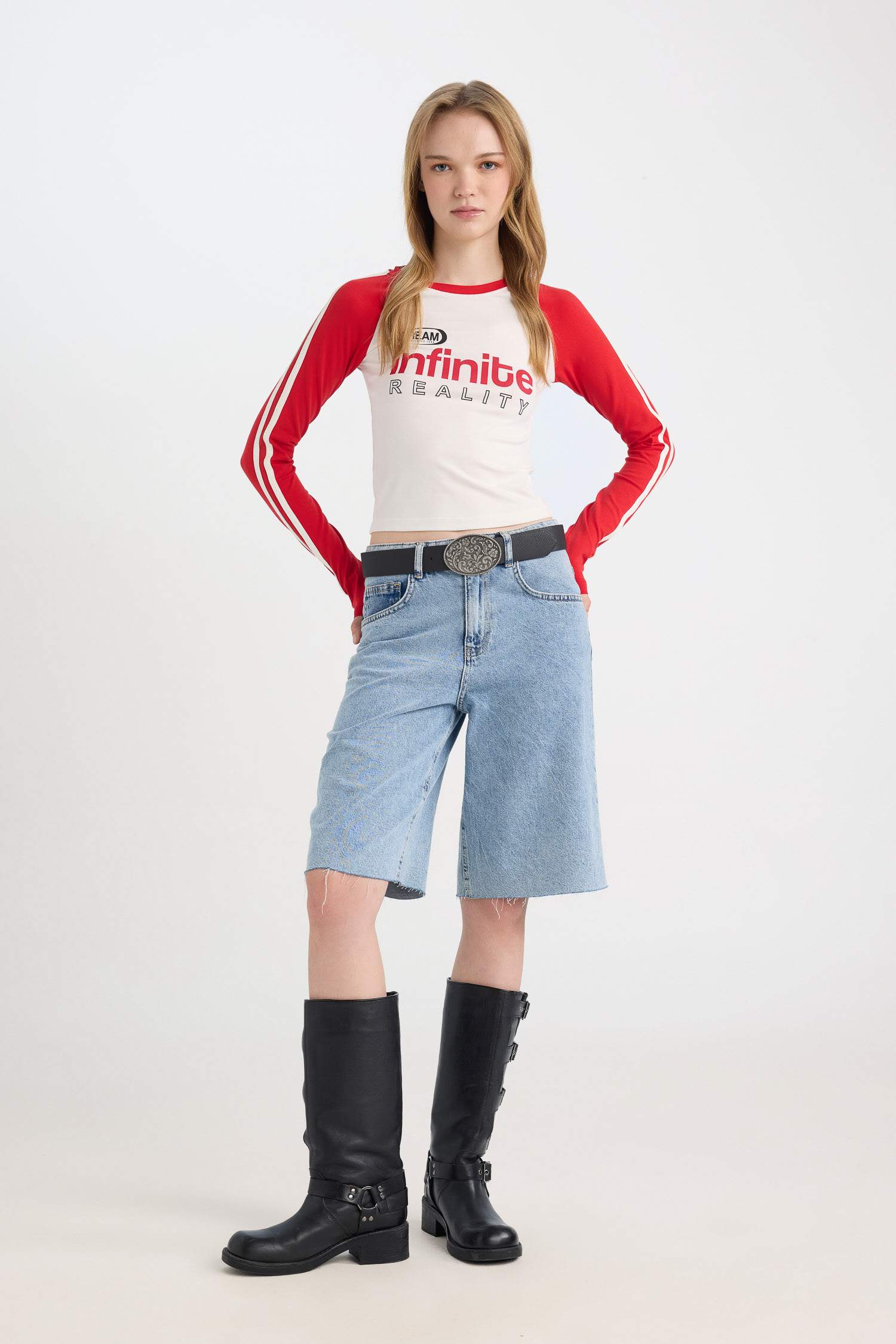 Coool Fitted Dar Kesim Bisiklet Yaka Baskılı Uzun Kollu Tişört