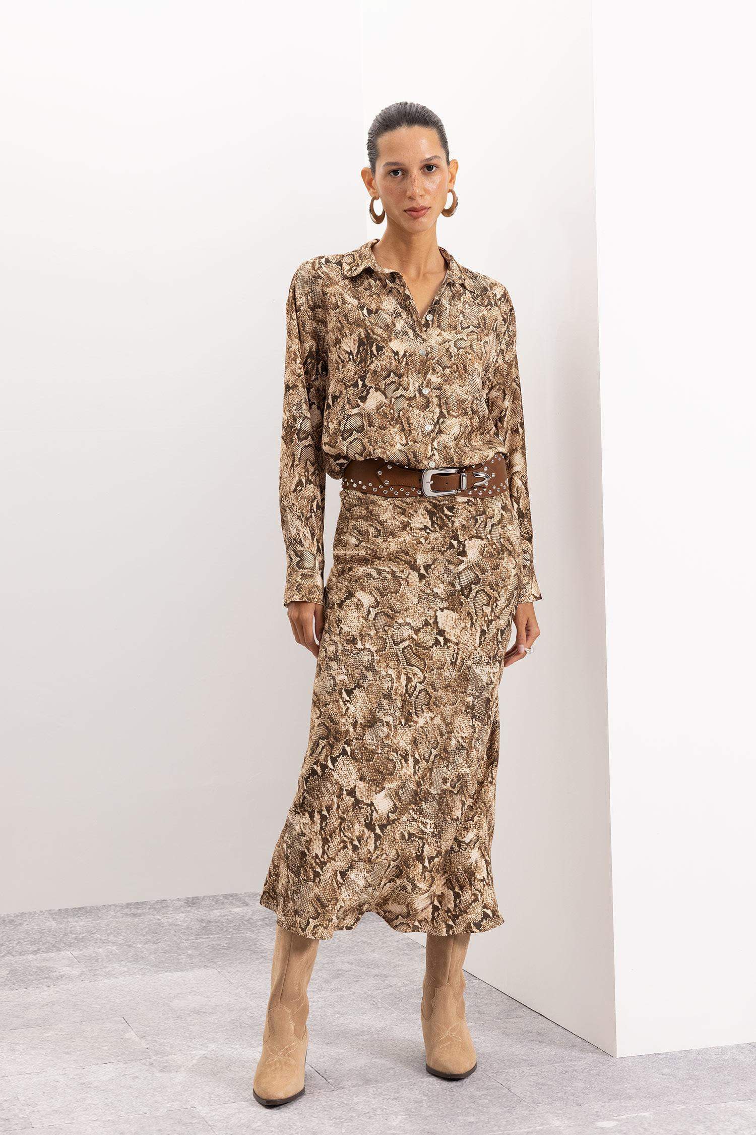 A Kesim Yılan Derisi Desenli Beli Lastikli Maroken Maxi Etek