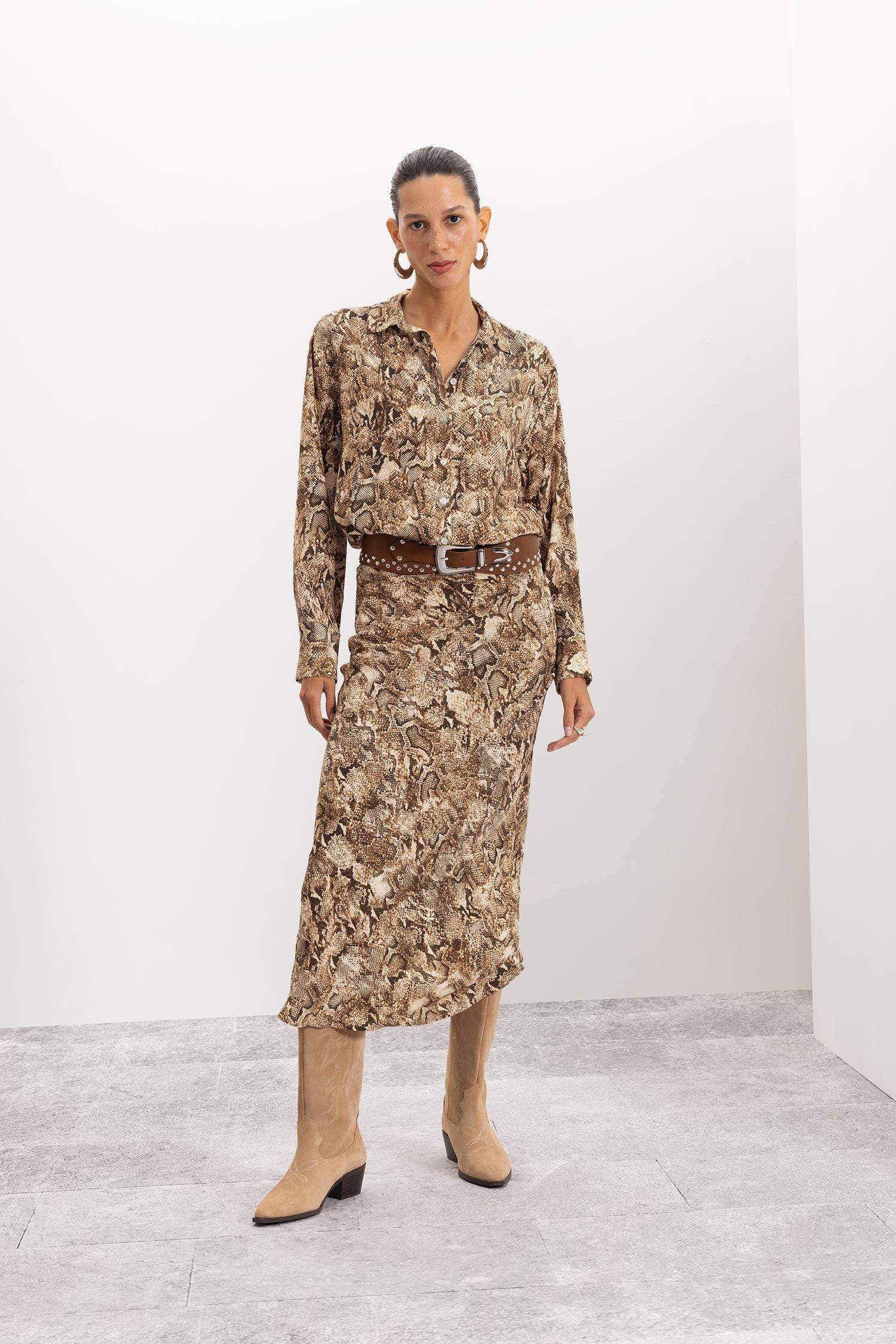 A Kesim Yılan Derisi Desenli Beli Lastikli Maroken Maxi Etek