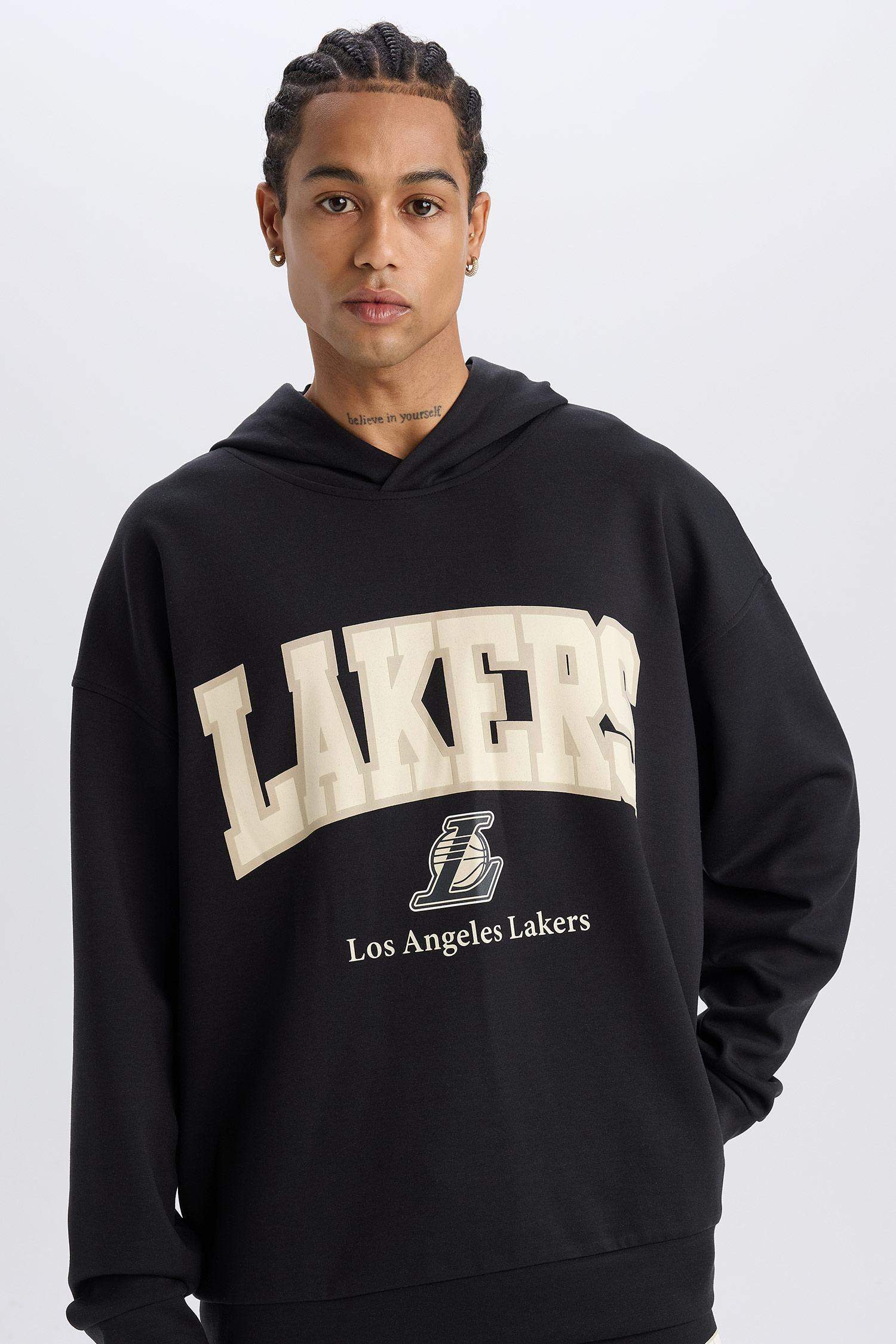NBA Los Angeles Lakers Oversıze Geniş Kalıp Kapüşonlu Skuba Dalgıç Kumaş Sweatshirt
