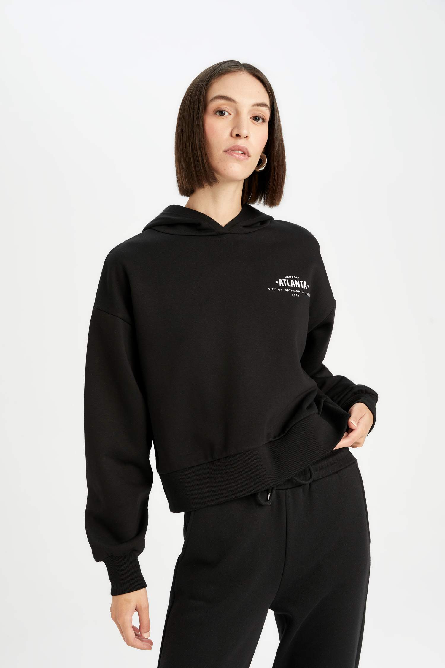 Boxy Fit Kapüşonlu Baskılı Kalın Siyah Sweatshirt