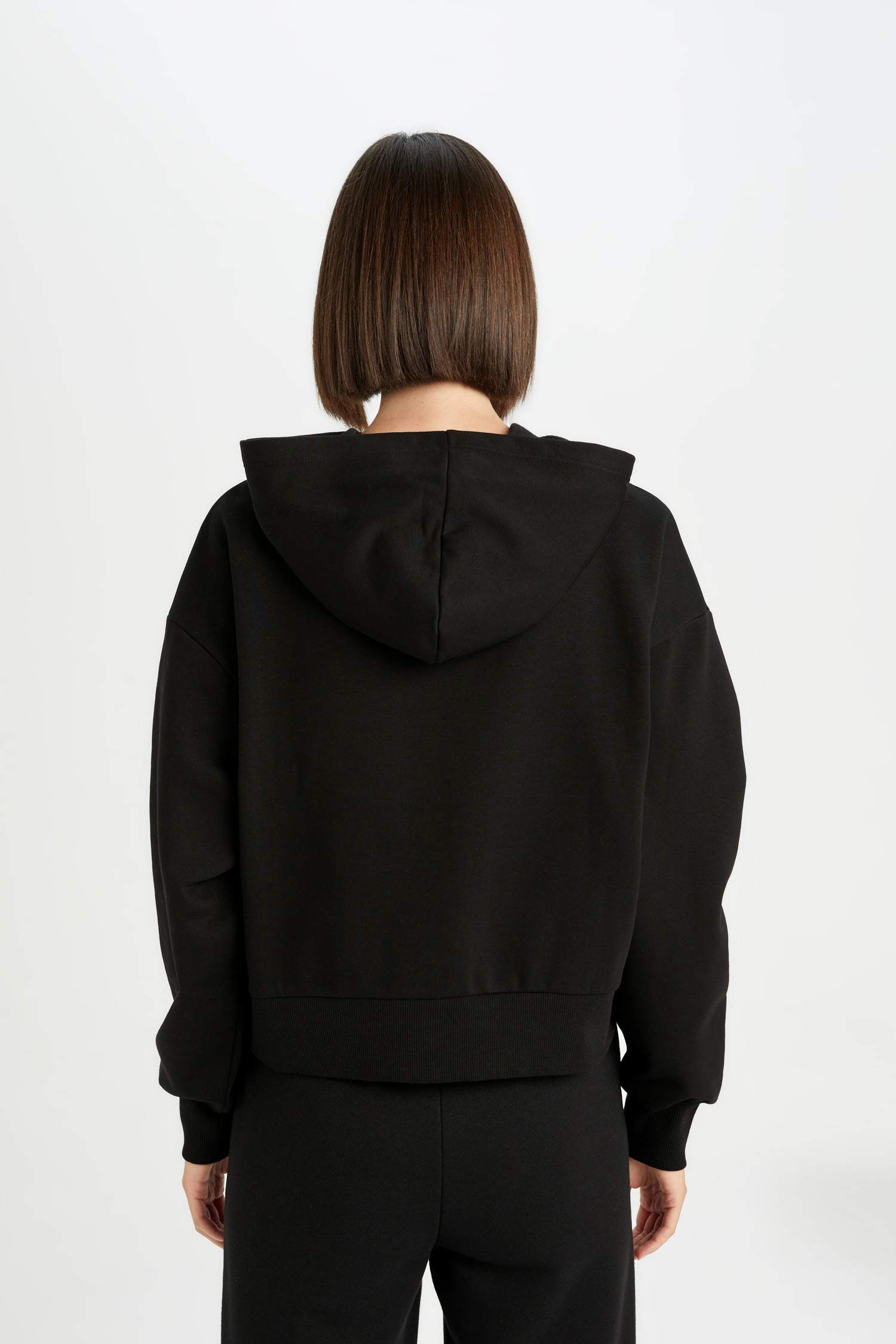 Boxy Fit Kapüşonlu Baskılı Kalın Siyah Sweatshirt