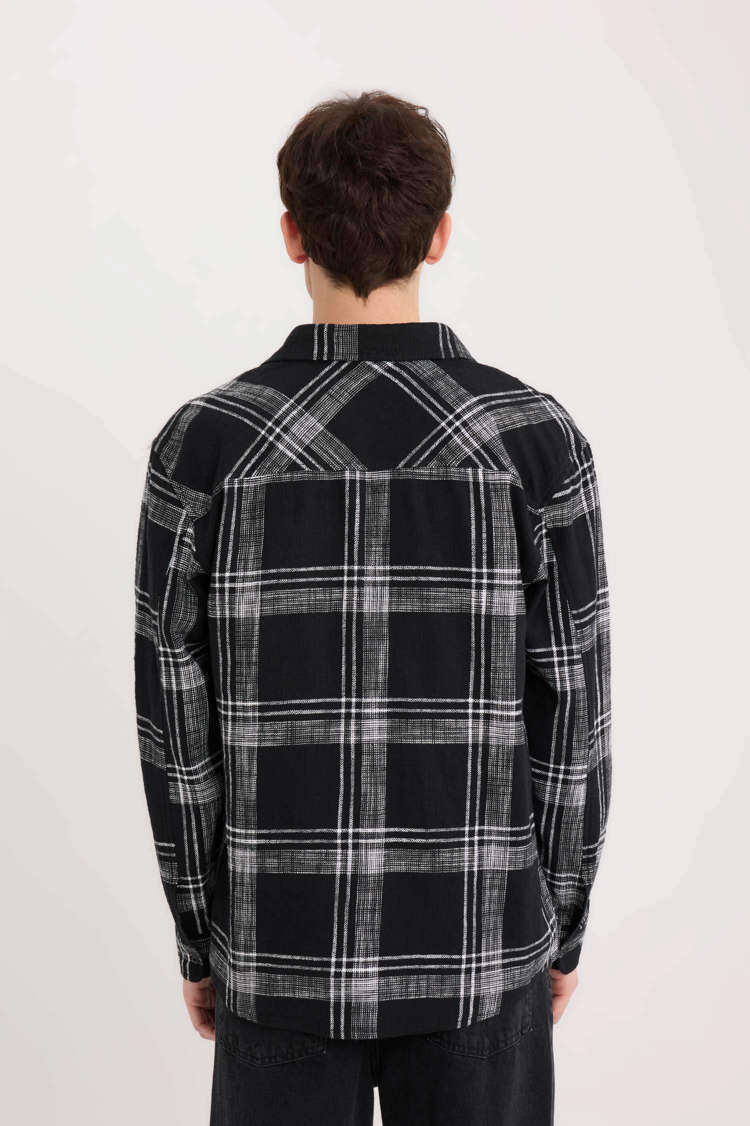 Рубашка с длинным рукавом в клетку из хлопка, обычный крой