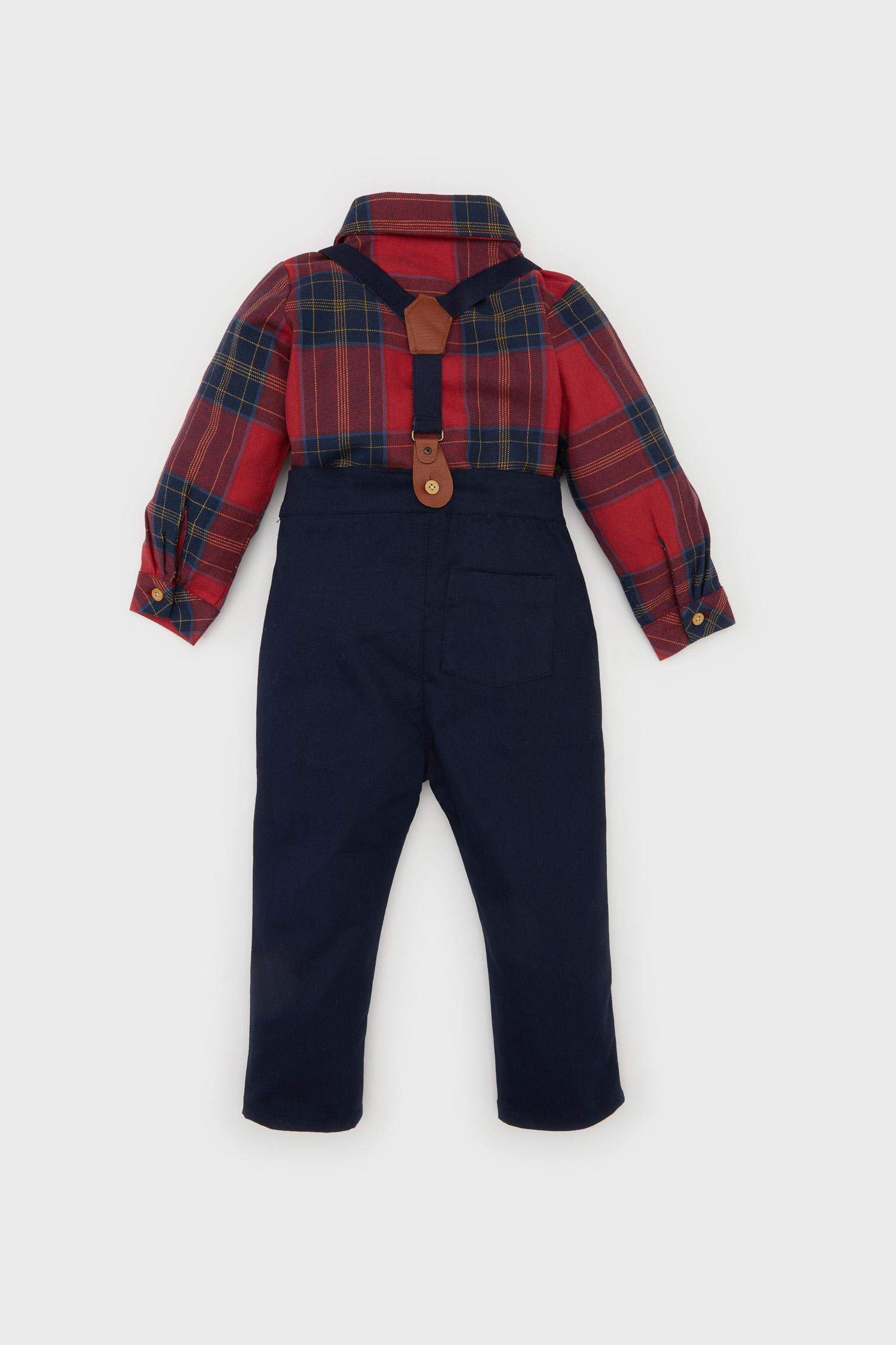 Erkek Bebek Yılbaşı Temalı 3'lü Takım Kareli Uzun Kollu Gömlek Pantolon Askısı Pantolon