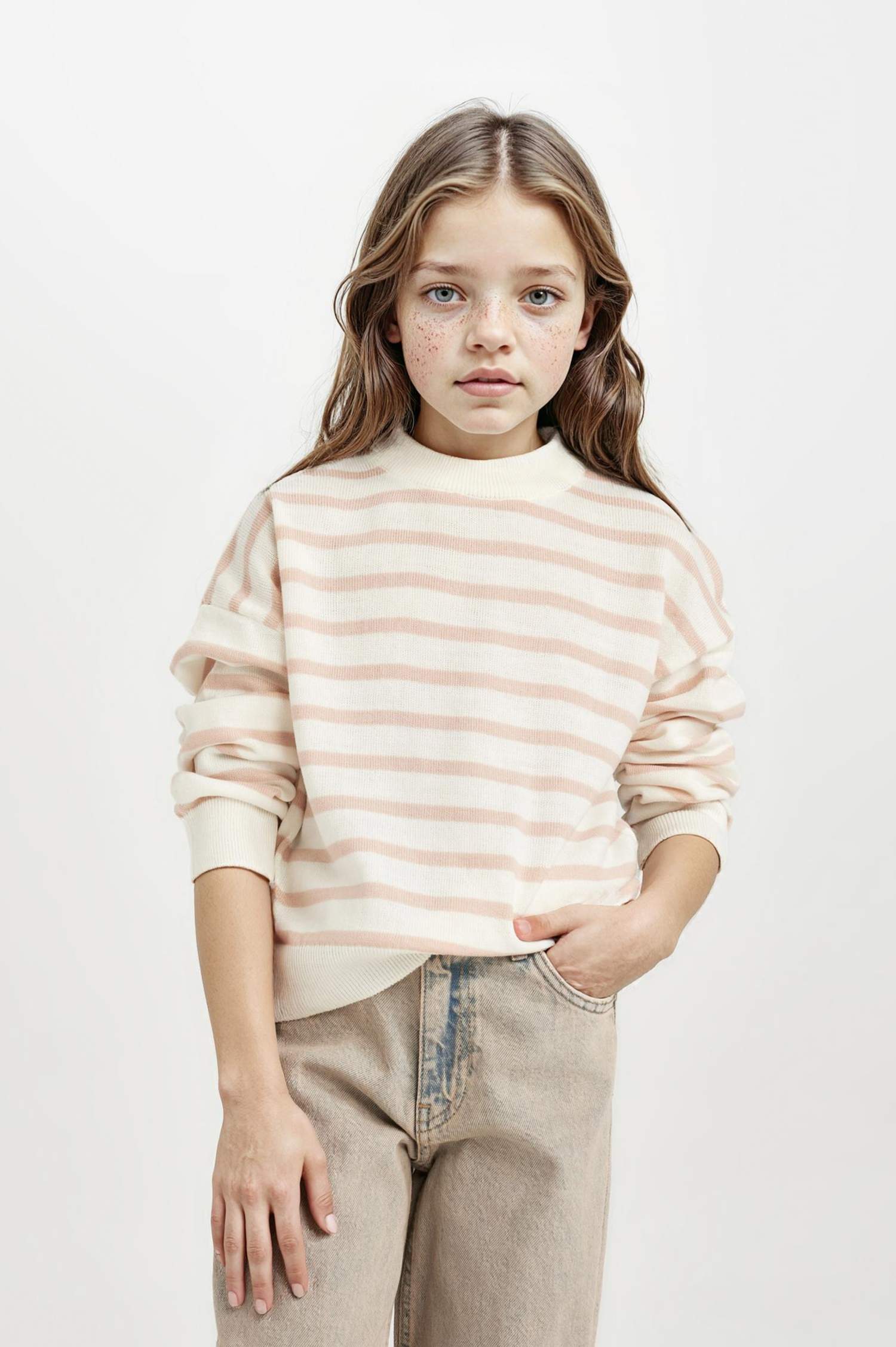 Kız Çocuk Bisiklet Yaka Çizgili Triko Kazak