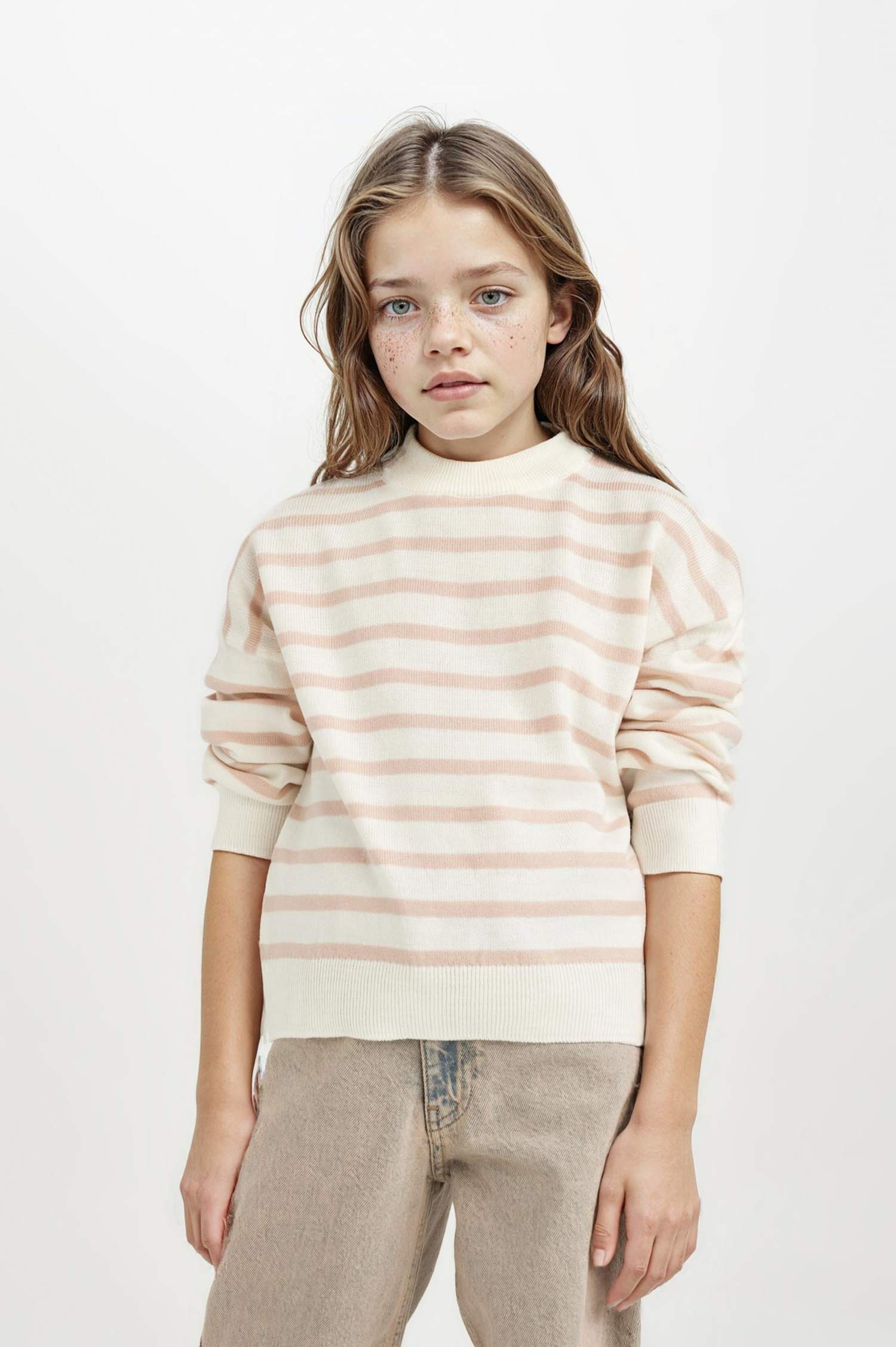 Kız Çocuk Bisiklet Yaka Çizgili Triko Kazak