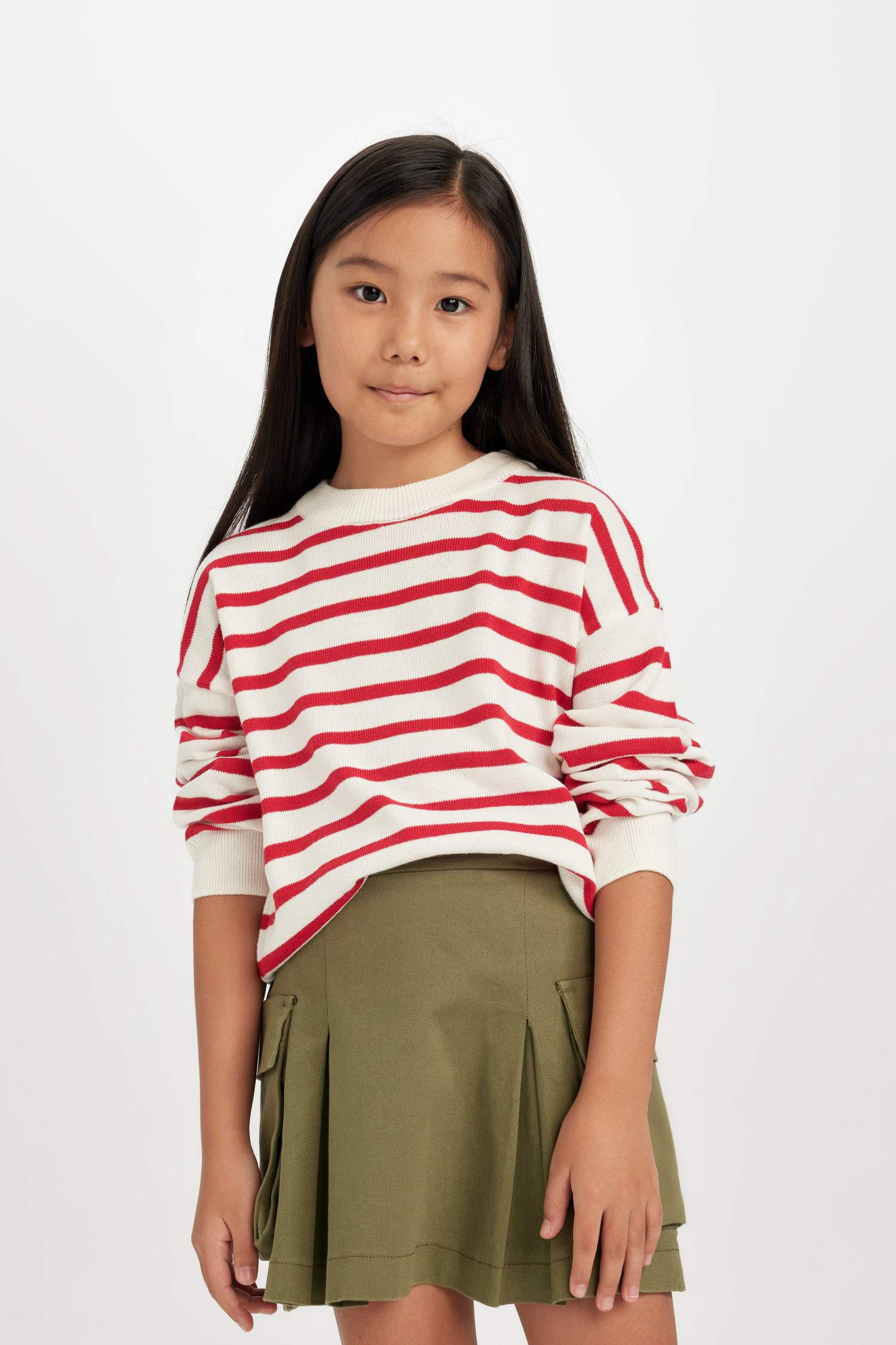Kız Çocuk Bisiklet Yaka Çizgili Triko Kazak