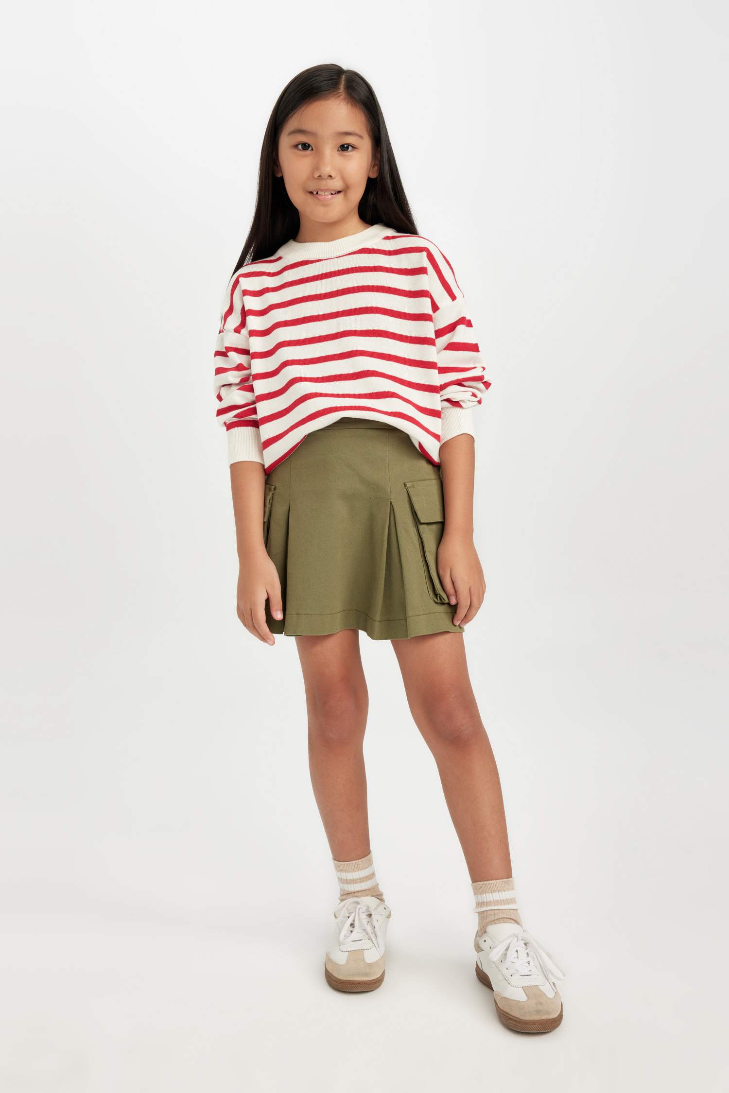 Kız Çocuk Bisiklet Yaka Çizgili Triko Kazak