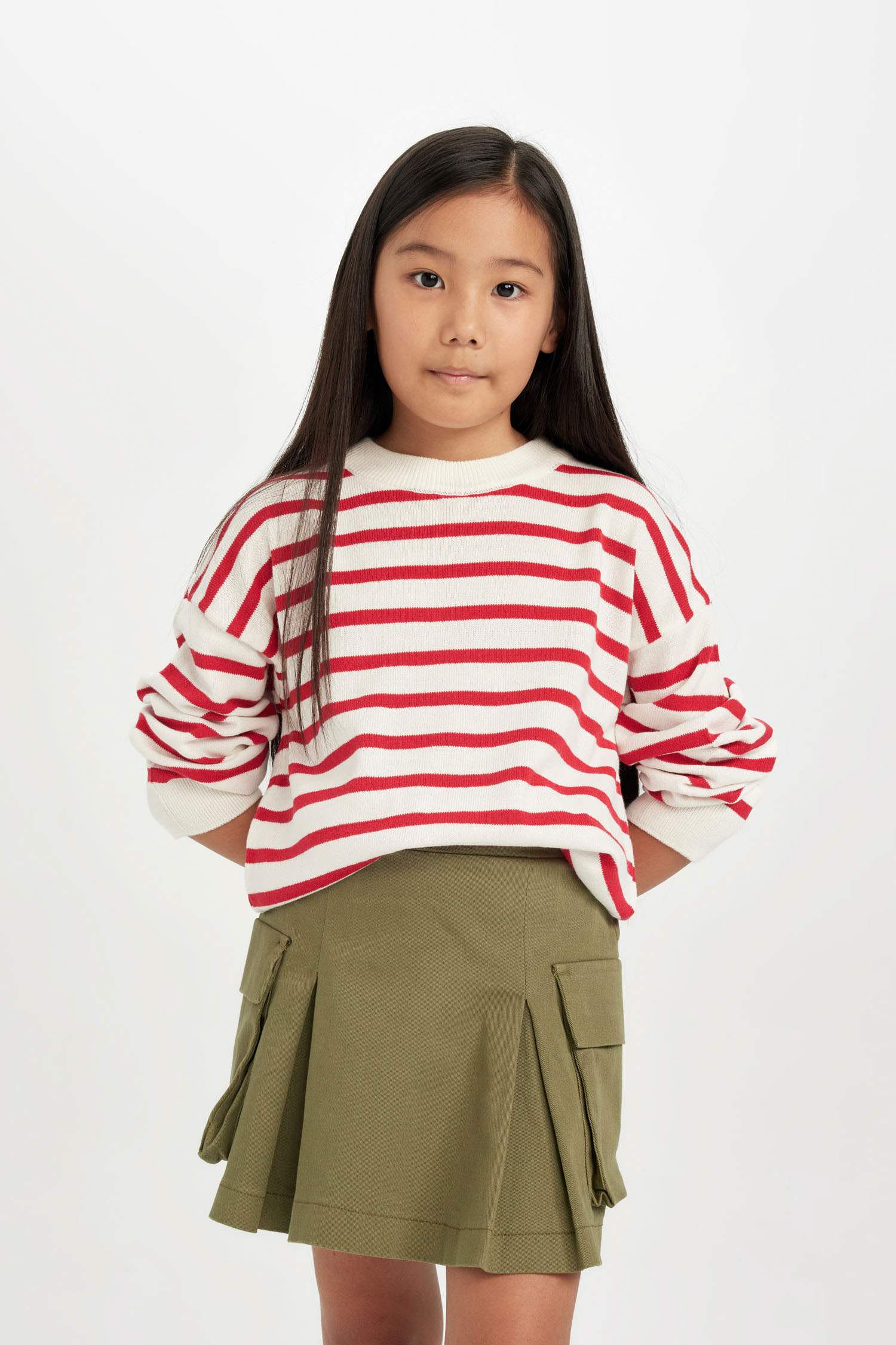 Kız Çocuk Bisiklet Yaka Çizgili Triko Kazak