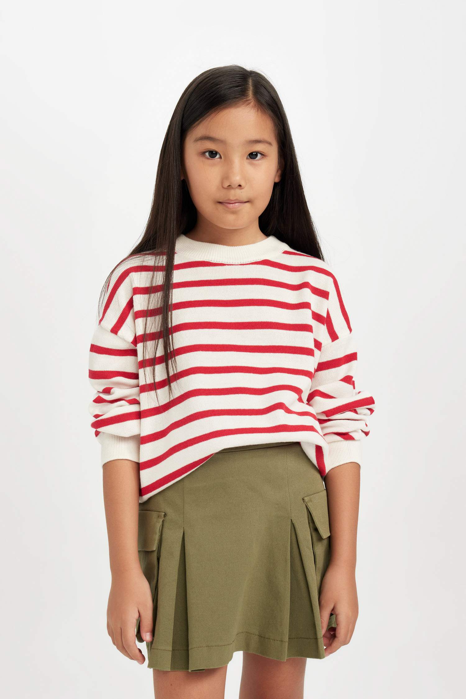 Kız Çocuk Bisiklet Yaka Çizgili Triko Kazak