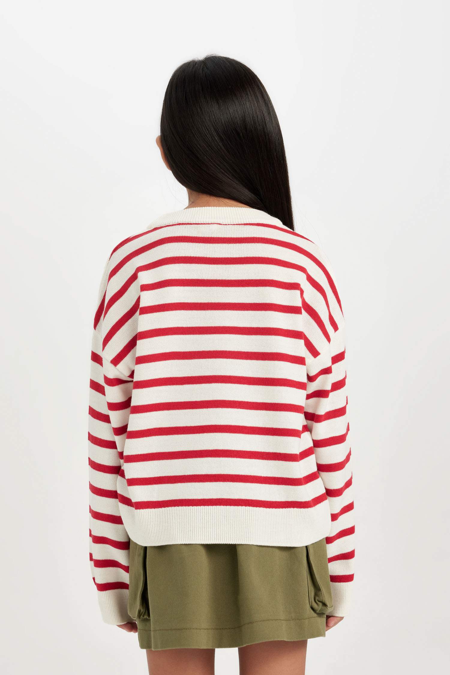 Kız Çocuk Bisiklet Yaka Çizgili Triko Kazak