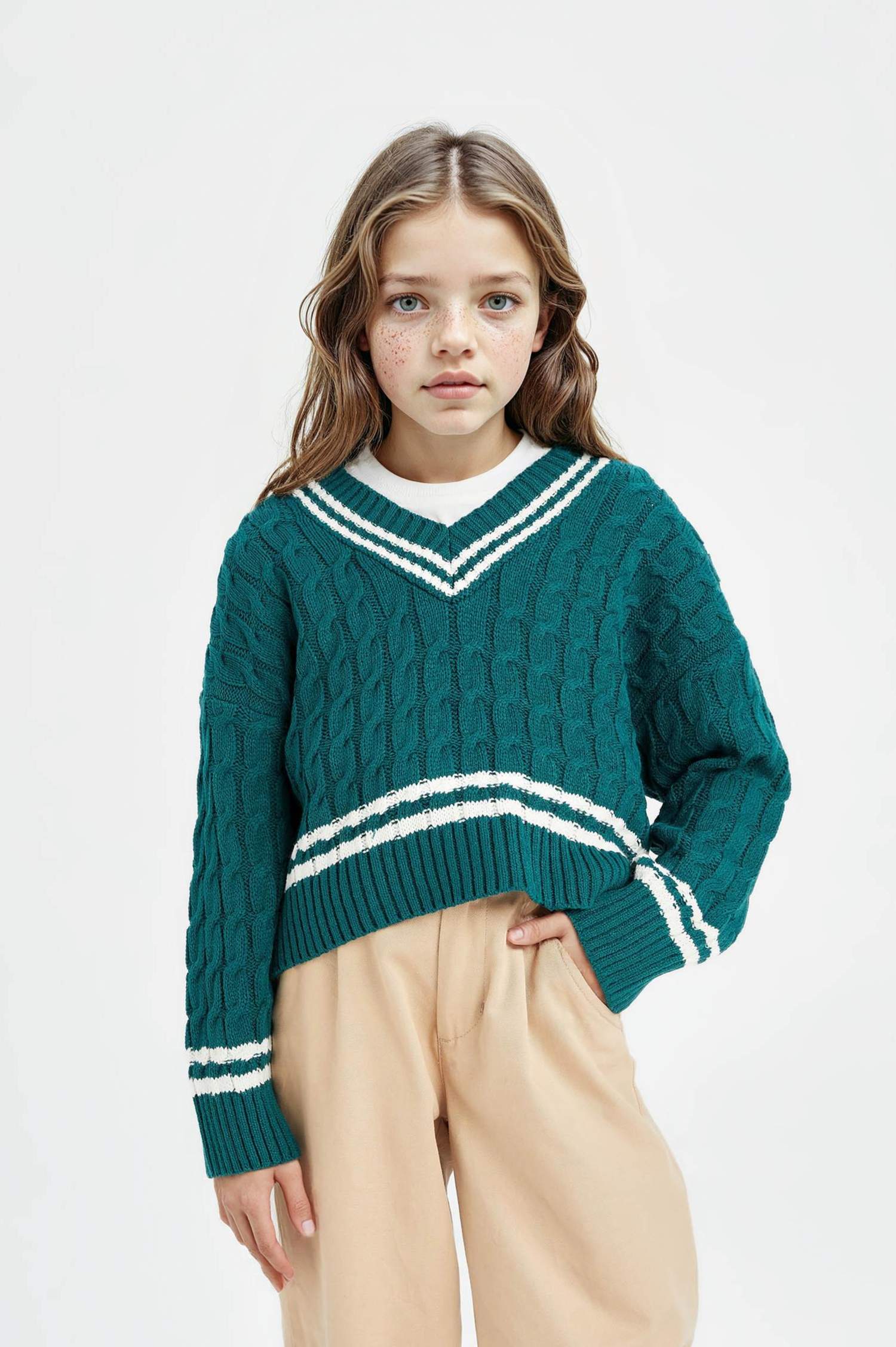 Kız Çocuk V Yaka Saç Örgülü Triko Kazak