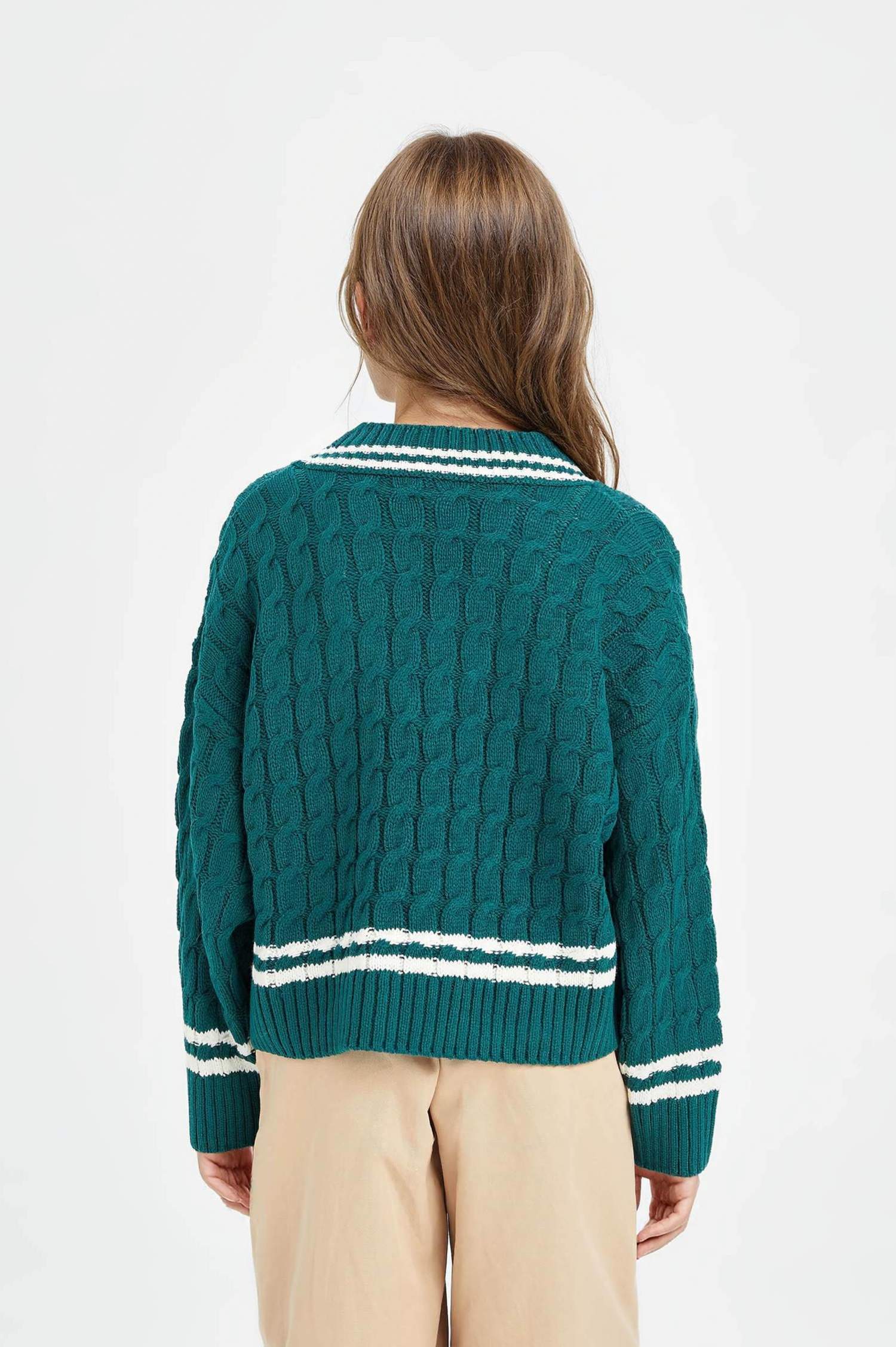 Kız Çocuk V Yaka Saç Örgülü Triko Kazak