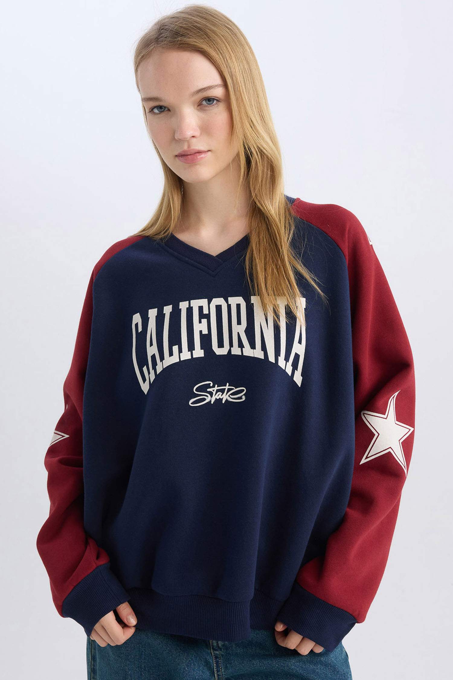 Coool Oversize Geniş Kalıp V Yaka Renk Bloklu Baskılı Kalın Sweatshirt