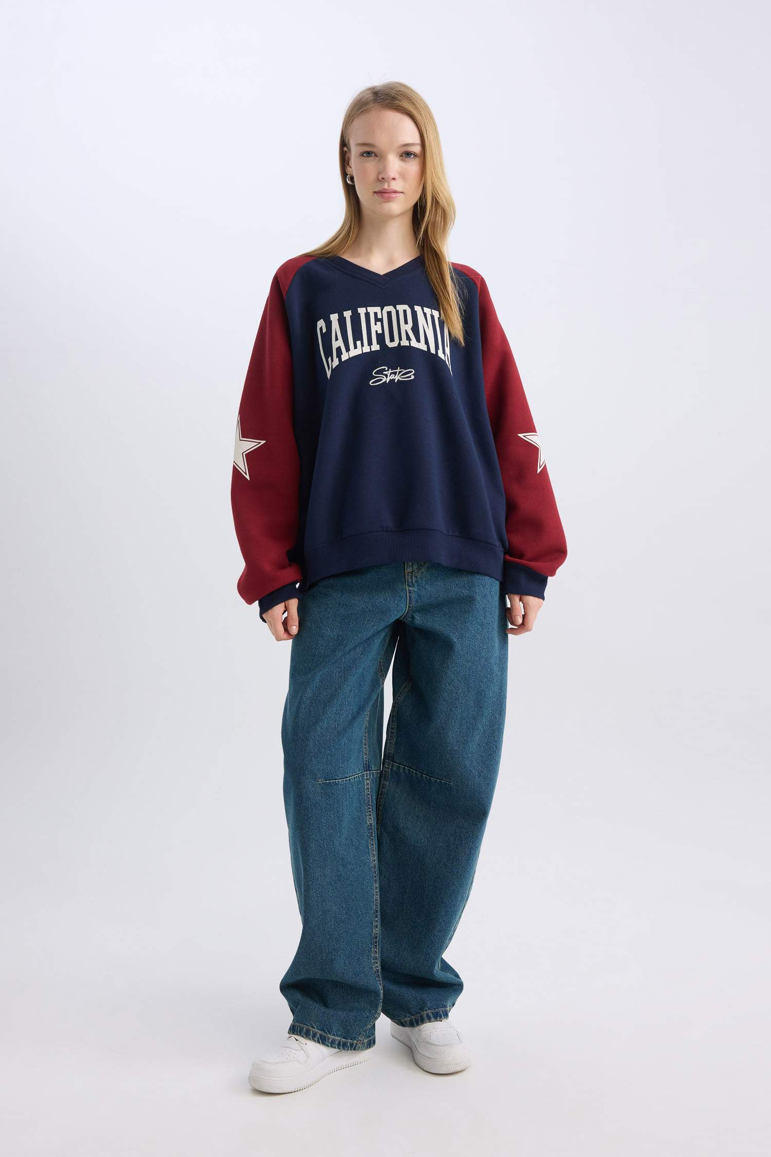 Coool Oversize Geniş Kalıp V Yaka Renk Bloklu Baskılı Kalın Sweatshirt